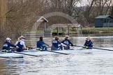 The Boat Race season 2013 - OUWBC training: The OUWBC Blue Boat during the training session - bow Mariann Novak, Alice Carrington-Windo, Mary Foord-Weston, Jo Lee, Amy Varney, Harriet Keane, Anastasia Chitty, stroke Maxie Scheske, and cox Katie Apfelbaum..
River Thames,
Wallingford,
Oxfordshire,
United Kingdom,
on 13 March 2013 at 17:10, image #96