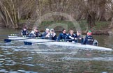 The Boat Race season 2013 - OUWBC training: The OUWBC Blue Boat during the training session - bow Mariann Novak, Alice Carrington-Windo, Mary Foord-Weston, Jo Lee, Amy Varney, Harriet Keane, Anastasia Chitty, stroke Maxie Scheske, and cox Katie Apfelbaum..
River Thames,
Wallingford,
Oxfordshire,
United Kingdom,
on 13 March 2013 at 17:12, image #102