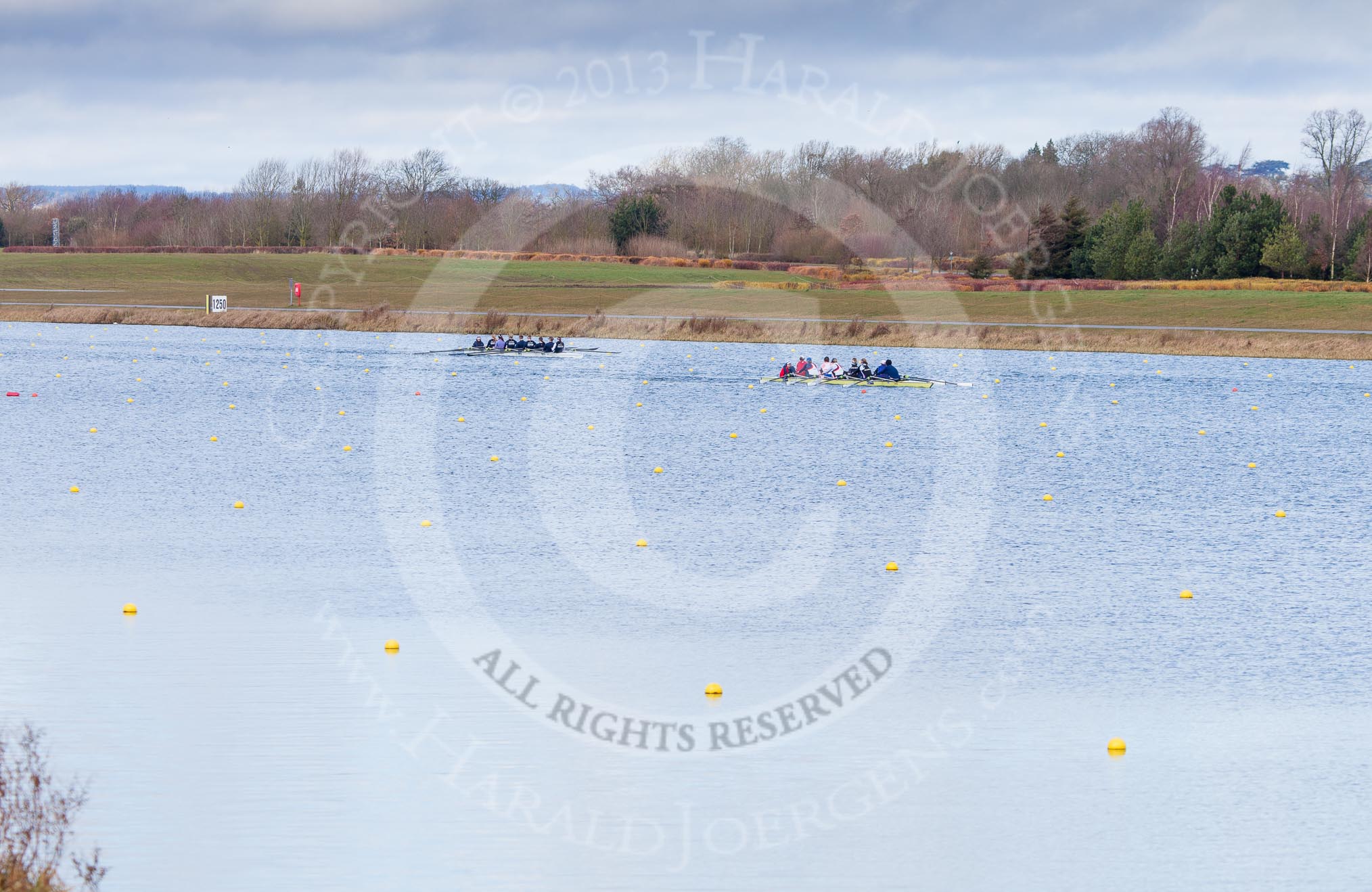 The Boat Race season 2013 - fixture OUWBC vs Olympians: Wide angle shot of Dorney Lake during a fixture between Olympians (in the yellow boat) and the OUWBC Blue Boar..
Dorney Lake,
Dorney, Windsor,
Buckinghamshire,
United Kingdom,
on 16 March 2013 at 11:49, image #92