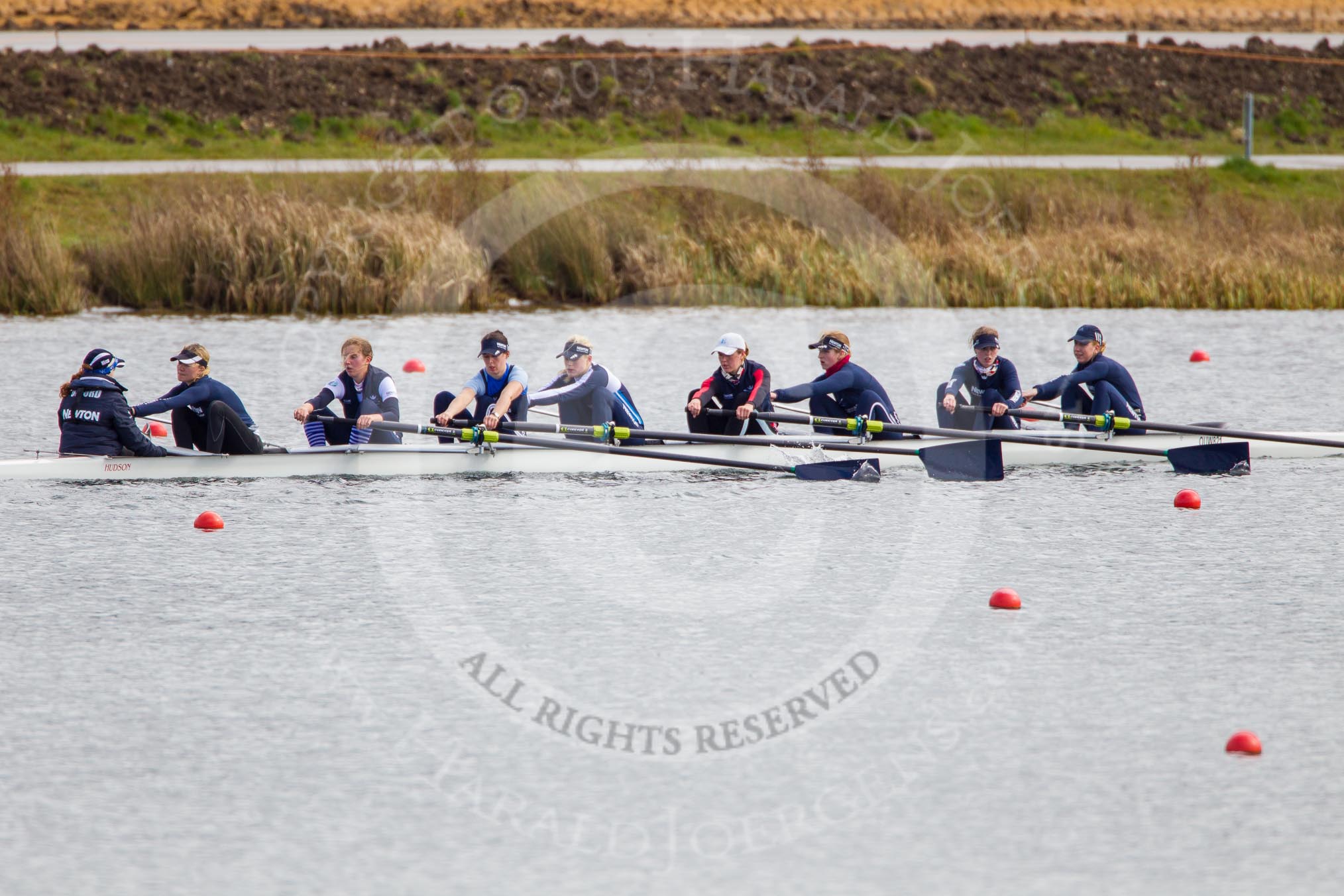 The Boat Race season 2013 - fixture OUWBC vs Olympians: In the Oxford (OUWBC) Blue Boat cox Katie Apfelbaum, stroke Maxie Scheske, Anastasia Chitty, Harriet Keane, Amy Varney, Jo Lee, Mary Foord-Weston, Alice Carrington-Windo, and at bow Mariann Novak..
Dorney Lake,
Dorney, Windsor,
Buckinghamshire,
United Kingdom,
on 16 March 2013 at 11:50, image #103