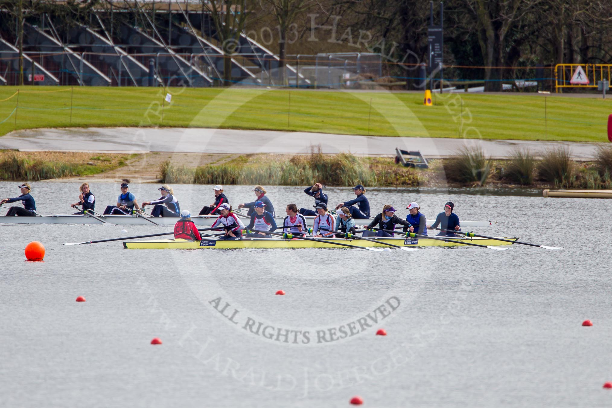 The Boat Race season 2013 - fixture OUWBC vs Olympians: The fixture between the OUWBC boats and the Olympians at Dorney Lake is about to start, in the yellow boat the Olympians, behind the the OUWBC Blue Boat..
Dorney Lake,
Dorney, Windsor,
Buckinghamshire,
United Kingdom,
on 16 March 2013 at 11:51, image #109