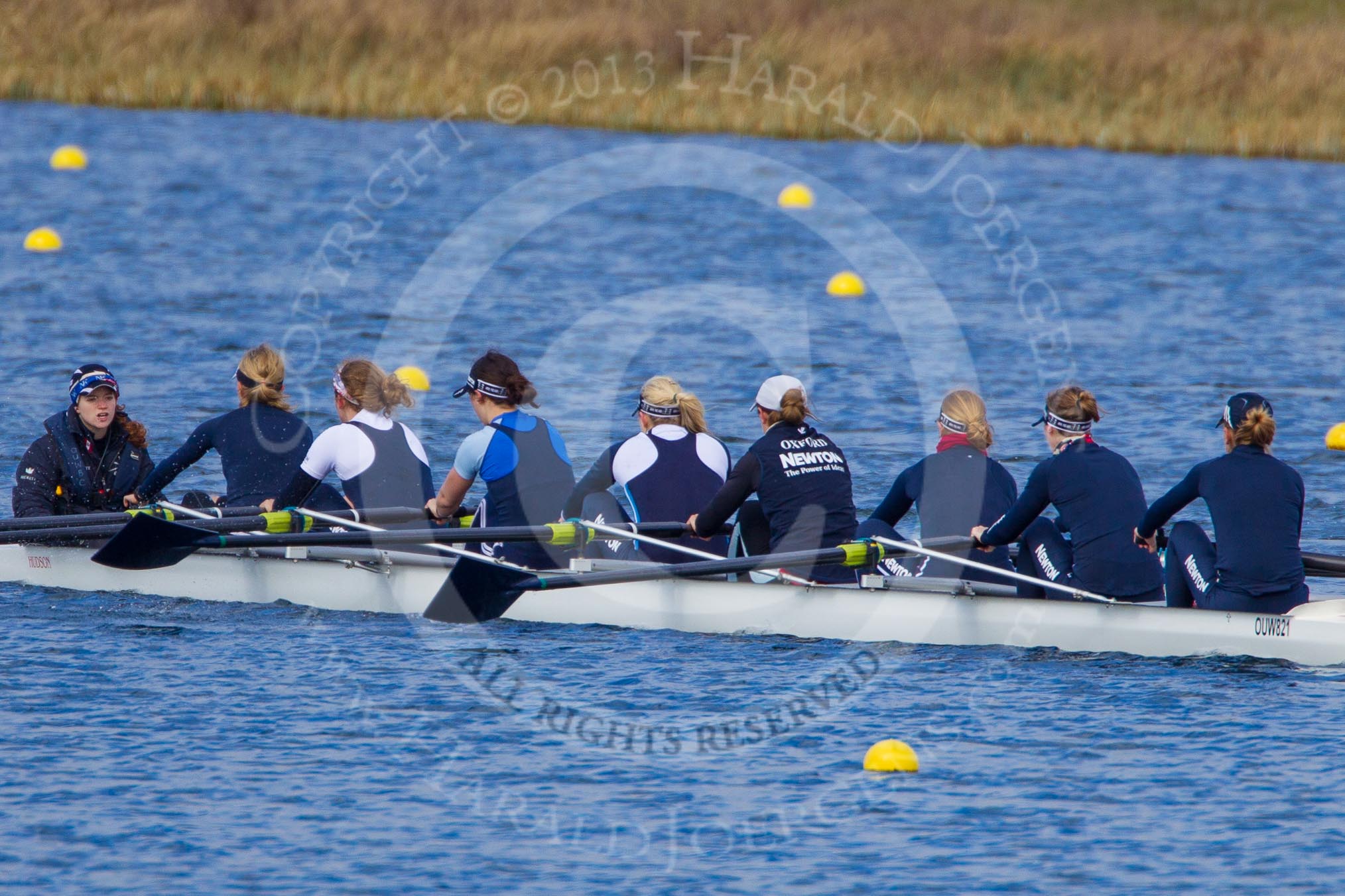 The Boat Race season 2013 - fixture OUWBC vs Olympians: In the Oxford (OUWBC) Blue Boat cox Katie Apfelbaum, stroke Maxie Scheske, Anastasia Chitty, Harriet Keane, Amy Varney, Jo Lee, Mary Foord-Weston, Alice Carrington-Windo, and at bow Mariann Novak..
Dorney Lake,
Dorney, Windsor,
Buckinghamshire,
United Kingdom,
on 16 March 2013 at 12:16, image #195