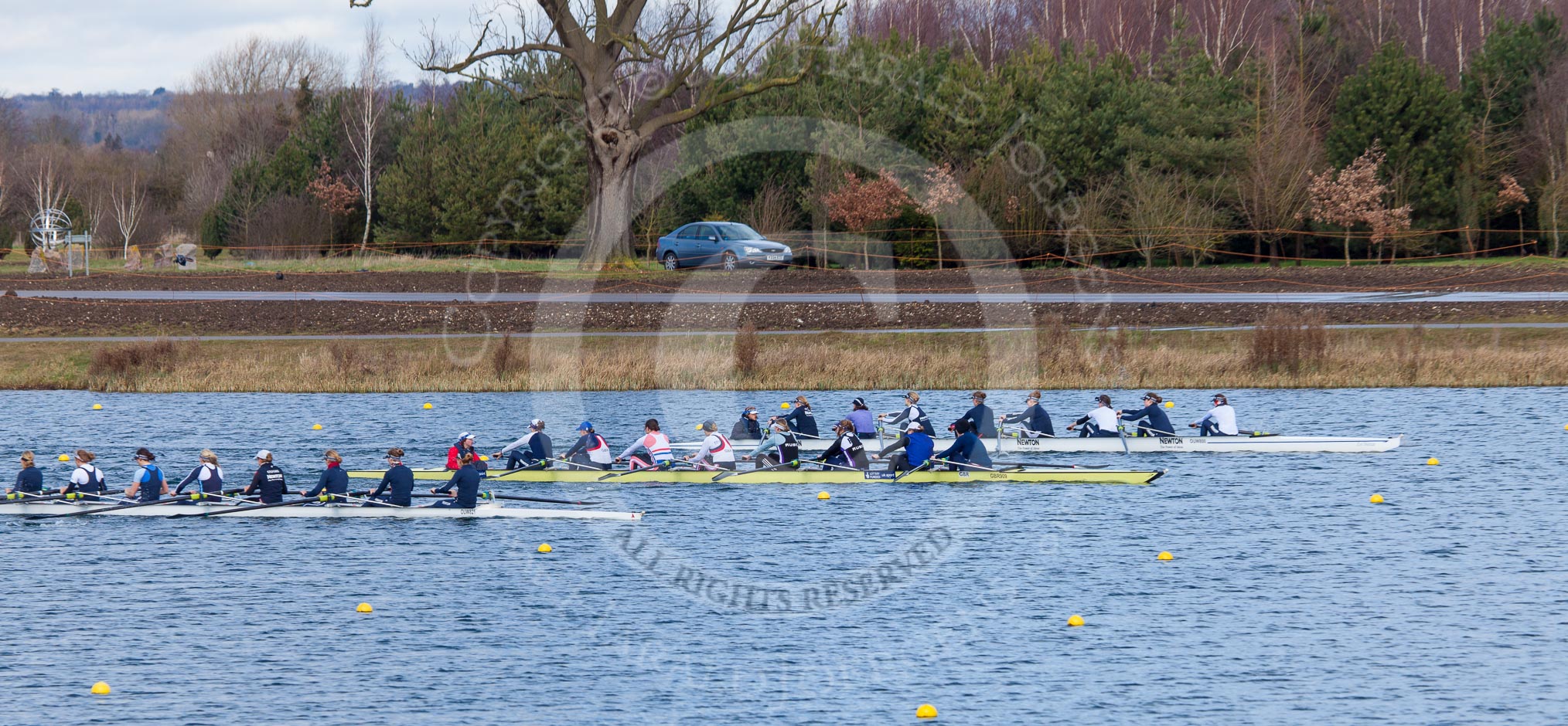 The Boat Race season 2013 - fixture OUWBC vs Olympians: The Olympians, in the yellow boat, racing the two OUWBC boats in a fixture at Dorney Lake. In front the Blue Boat, behind the reserve boat Osiris..
Dorney Lake,
Dorney, Windsor,
Buckinghamshire,
United Kingdom,
on 16 March 2013 at 12:16, image #199