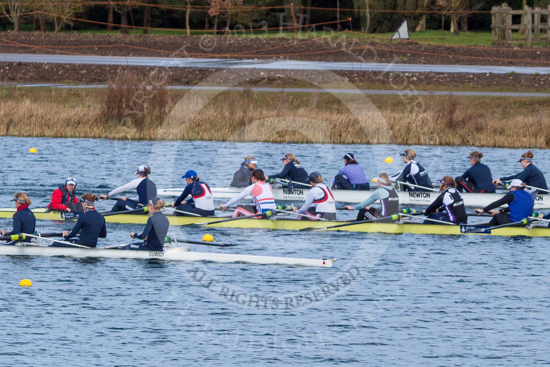 The Boat Race season 2013 - fixture OUWBC vs Olympians: The Olympians, in the yellow boat, racing the two OUWBC boats in a fixture at Dorney Lake. In front the Blue Boat, behind the reserve boat Osiris..
Dorney Lake,
Dorney, Windsor,
Buckinghamshire,
United Kingdom,
on 16 March 2013 at 12:16, image #200