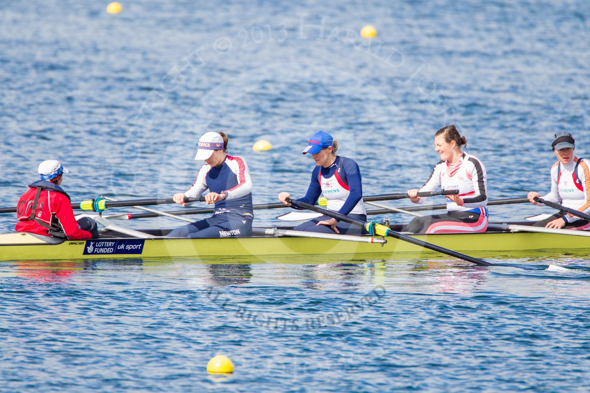 Photo 1303161223231D40974HaraldJoergens The Boat Race season 2013 - fixture OUWBC vs Olympians: In the Olympians boat cox Victoria Stulgis, stroke Caryn Davies, 7 Katherine Grainger, 6 Katherine Douglas and 5 Anna Watkins..
Dorney Lake,
Dorney, Windsor,
Buckinghamshire,
United Kingdom,
on 16 March 2013 at 12:23, image #293