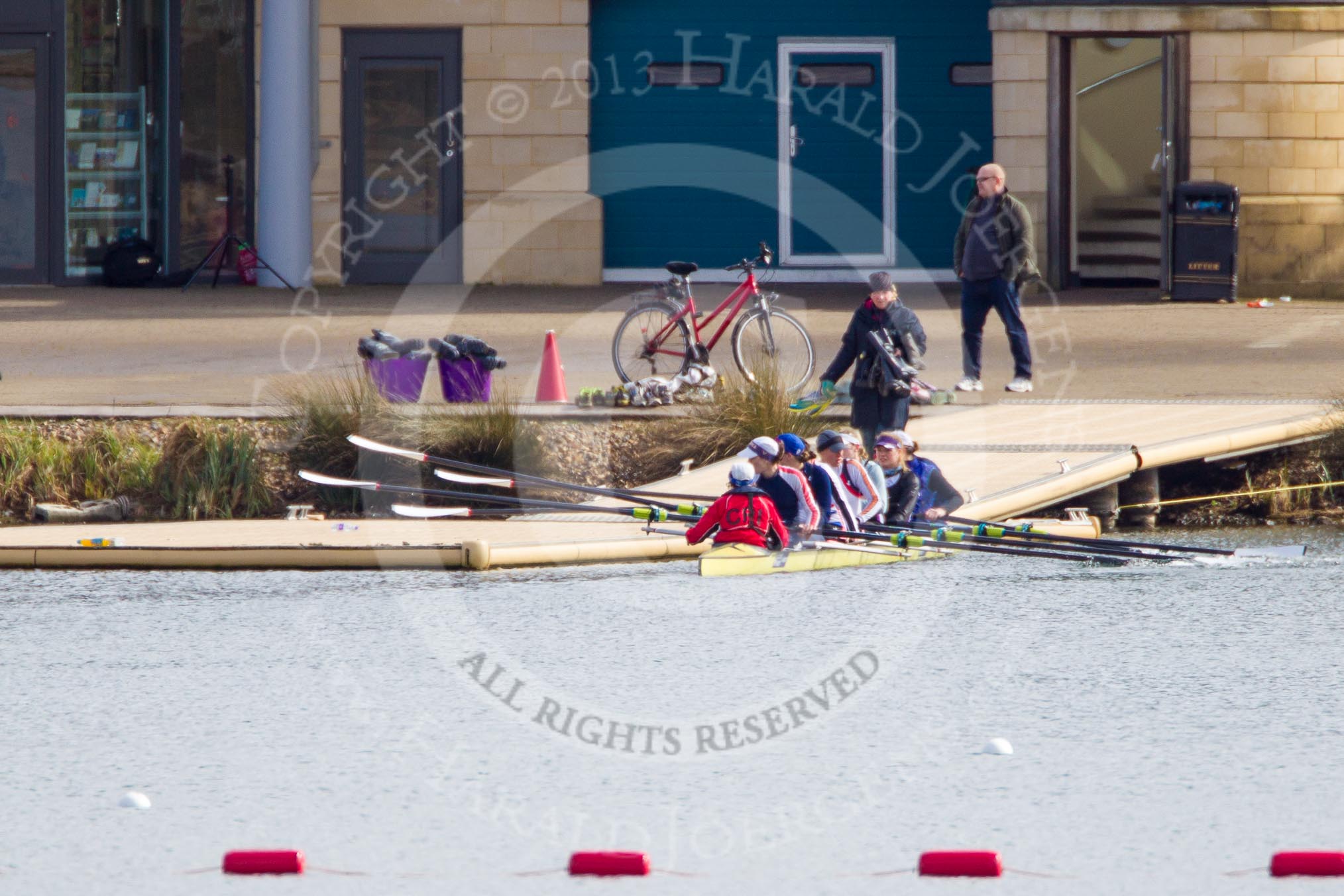 The Boat Race season 2013 - fixture OUWBC vs Olympians: The Olympians have returned to one of the pontoons after the fixture against the two OUWBC boats at Dorney Lake..
Dorney Lake,
Dorney, Windsor,
Buckinghamshire,
United Kingdom,
on 16 March 2013 at 12:27, image #310