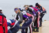 The Boat Race season 2013 - fixture OUWBC vs Olympians: The Olympians getting their boat into the water for a fixture against OUWBC - stroke Caryn Davies, 7 Katherine Grainger, 6 Katherine Douglas, 5 Anna Watkins, 4 Bethan Walters, 3 Christiana Amacker, 2 Kate Johnson and at bow Natasha Townsend,in front cox Victoria Stulgis..
Dorney Lake,
Dorney, Windsor,
Buckinghamshire,
United Kingdom,
on 16 March 2013 at 11:09, image #29