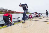 The Boat Race season 2013 - fixture OUWBC vs Olympians: The Olympians getting their boat into the water for a fixture against OUWBC - cox Victoria Stulgis, stroke Caryn Davies, 7 Katherine Grainger, 6 Katherine Douglas, 5 Anna Watkins, 4 Bethan Walters, 3 Christiana Amacker, 2 Kate Johnson and at bow Natasha Townsend..
Dorney Lake,
Dorney, Windsor,
Buckinghamshire,
United Kingdom,
on 16 March 2013 at 11:10, image #32