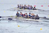 The Boat Race season 2013 - fixture OUWBC vs Olympians: In the Oxford (OUWBC) Blue Boat at bow Mariann Novak, 2 Alice Carrington-Windo, 3 Mary Foord-Weston, 4 Jo Lee, 5 Amy Varney, 6 Harriet Keane, 7 Anastasia Chitty, stroke Maxie Scheske, and cox Katie Apfelbaum. In the background and out of focus the OUWBC reserve boat Osiris..
Dorney Lake,
Dorney, Windsor,
Buckinghamshire,
United Kingdom,
on 16 March 2013 at 11:37, image #84