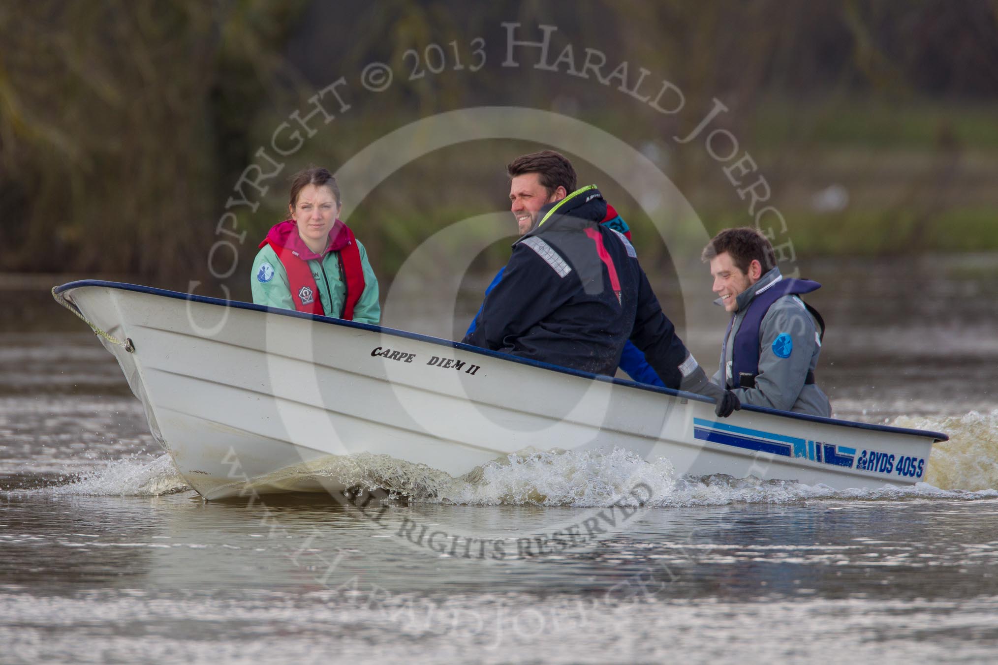 The Boat Race season 2013 - CUWBC training: The CUWBC coaching team checking the river conditions before the start of the training session..
River Thames near Remenham,
Henley-on-Thames,
Oxfordshire,
United Kingdom,
on 19 March 2013 at 14:01, image #8
