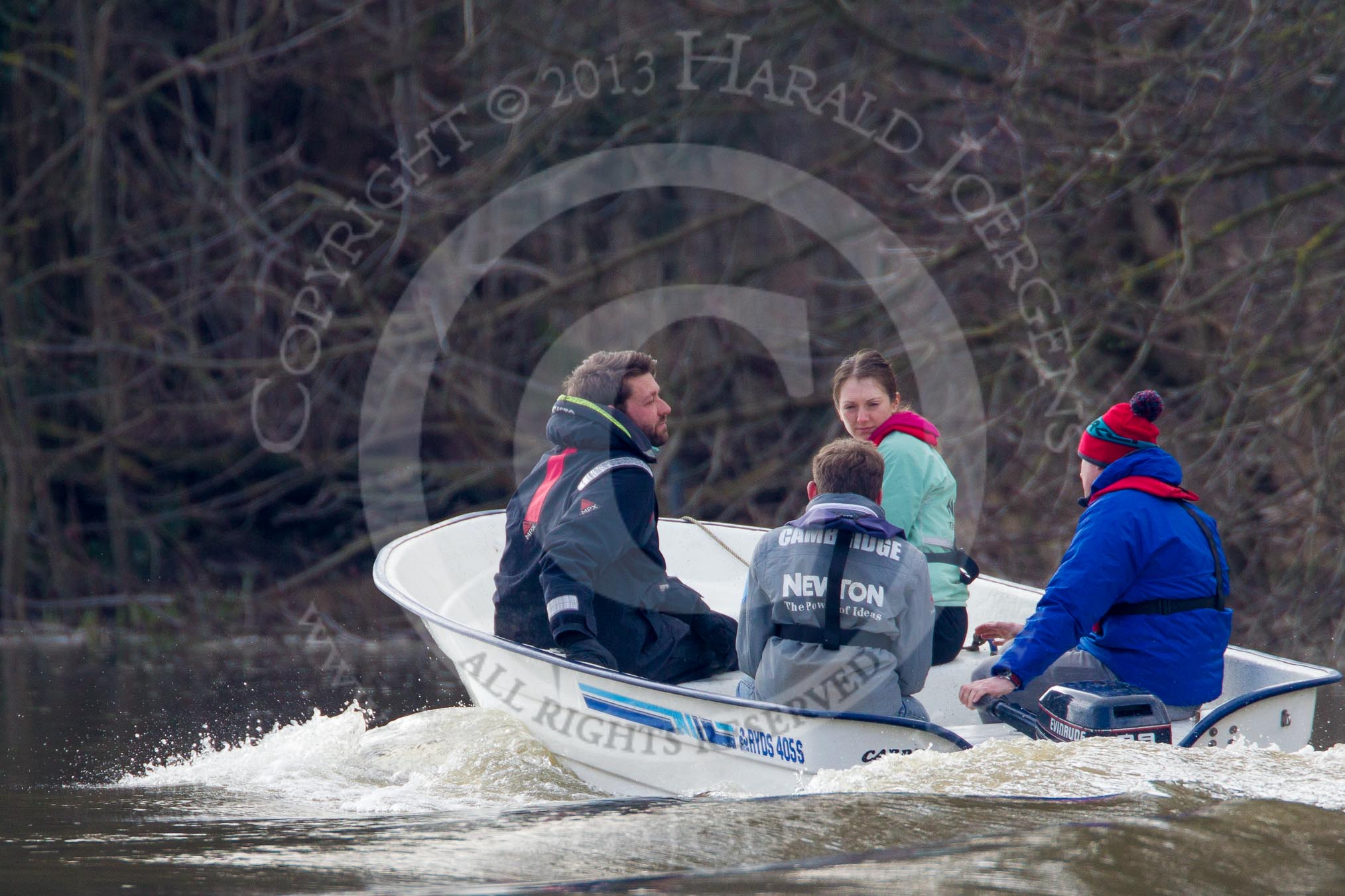 The Boat Race season 2013 - CUWBC training: The CUWBC coaching team checking the river conditions before the start of the training session..
River Thames near Remenham,
Henley-on-Thames,
Oxfordshire,
United Kingdom,
on 19 March 2013 at 14:03, image #9