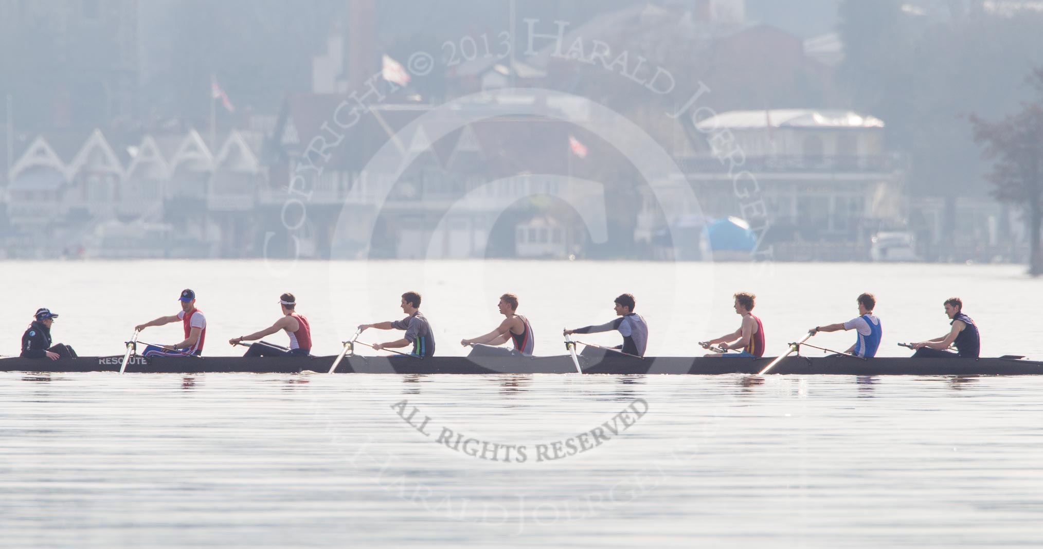 The Boat Race season 2013 - CUWBC training: The Oxford Lightweight boat in a scenic shot with Henley-on-Thames as backdrop..
River Thames near Remenham,
Henley-on-Thames,
Oxfordshire,
United Kingdom,
on 19 March 2013 at 14:23, image #11