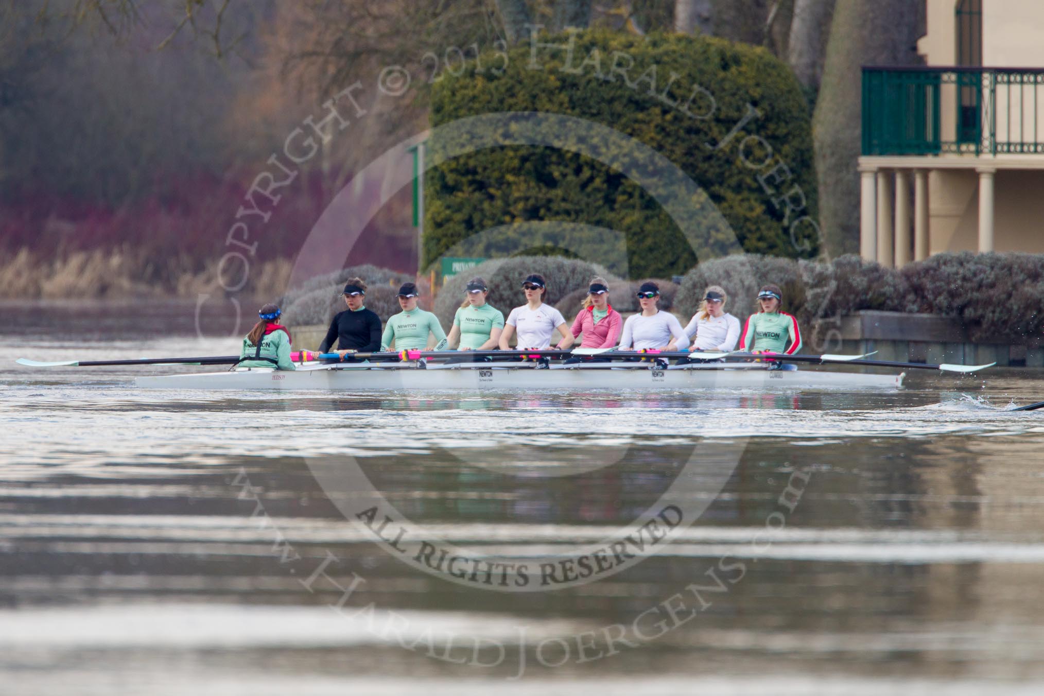 The Boat Race season 2013 - CUWBC training: The CUWBC Blue Boat in front of Temple Island: Cox Esther Momcilovic, stroke Holly Game, 7 Emily Day, 6 Claire Watkins, 5 Vicky Shaw, 4  Jessica Denman, 3 Melissa Wilson, 2 Fay Sandford, and bow Caroline Reid..
River Thames near Remenham,
Henley-on-Thames,
Oxfordshire,
United Kingdom,
on 19 March 2013 at 15:33, image #45