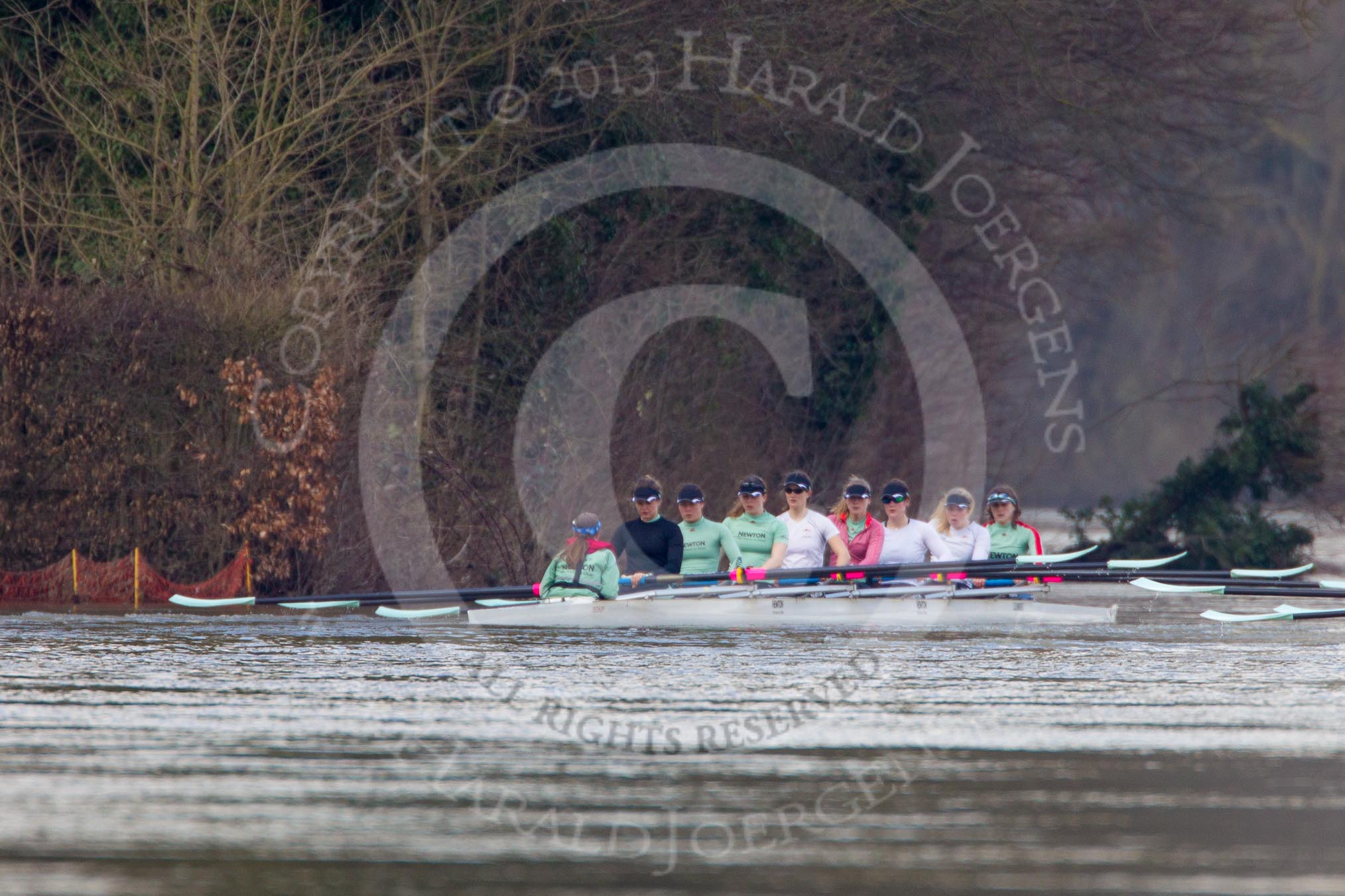 The Boat Race season 2013 - CUWBC training: The CUWBC Blue Boat rowing a loop around Temple Island: Cox Esther Momcilovic, stroke Holly Game, 7 Emily Day, 6 Claire Watkins, 5 Vicky Shaw, 4  Jessica Denman, 3 Melissa Wilson, 2 Fay Sandford, and bow Caroline Reid..
River Thames near Remenham,
Henley-on-Thames,
Oxfordshire,
United Kingdom,
on 19 March 2013 at 15:33, image #47