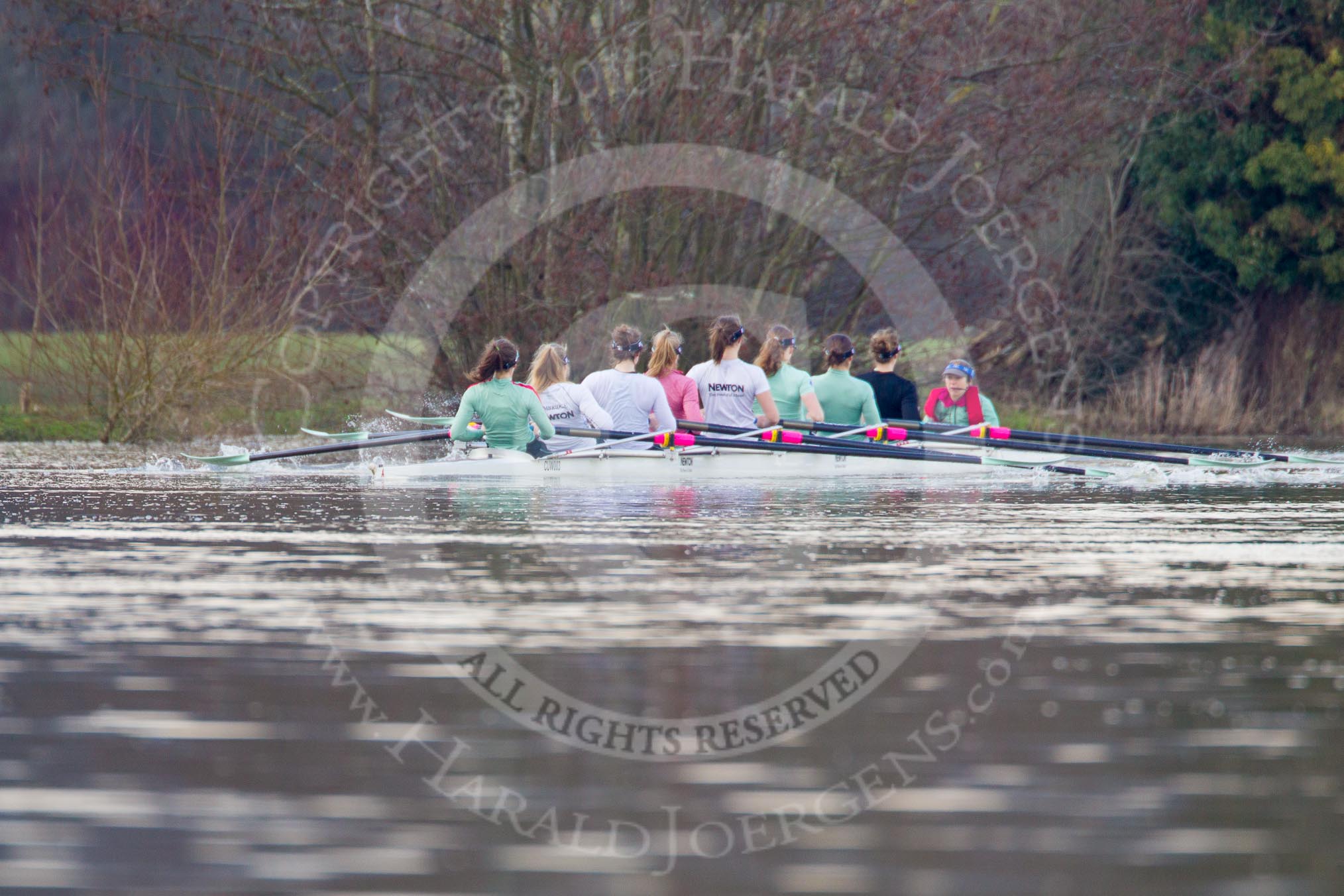 The Boat Race season 2013 - CUWBC training: The CUWBC Blue Boat on the way back from Temple Island to Henley: Bow Caroline Reid, 2 Fay Sandford, 3 Melissa Wilson, 4  Jessica Denman, 5 Vicky Shaw, 6 Claire Watkins, 7 Emily Day, stroke Holly Game, and cox Esther Momcilovic..
River Thames near Remenham,
Henley-on-Thames,
Oxfordshire,
United Kingdom,
on 19 March 2013 at 15:38, image #52