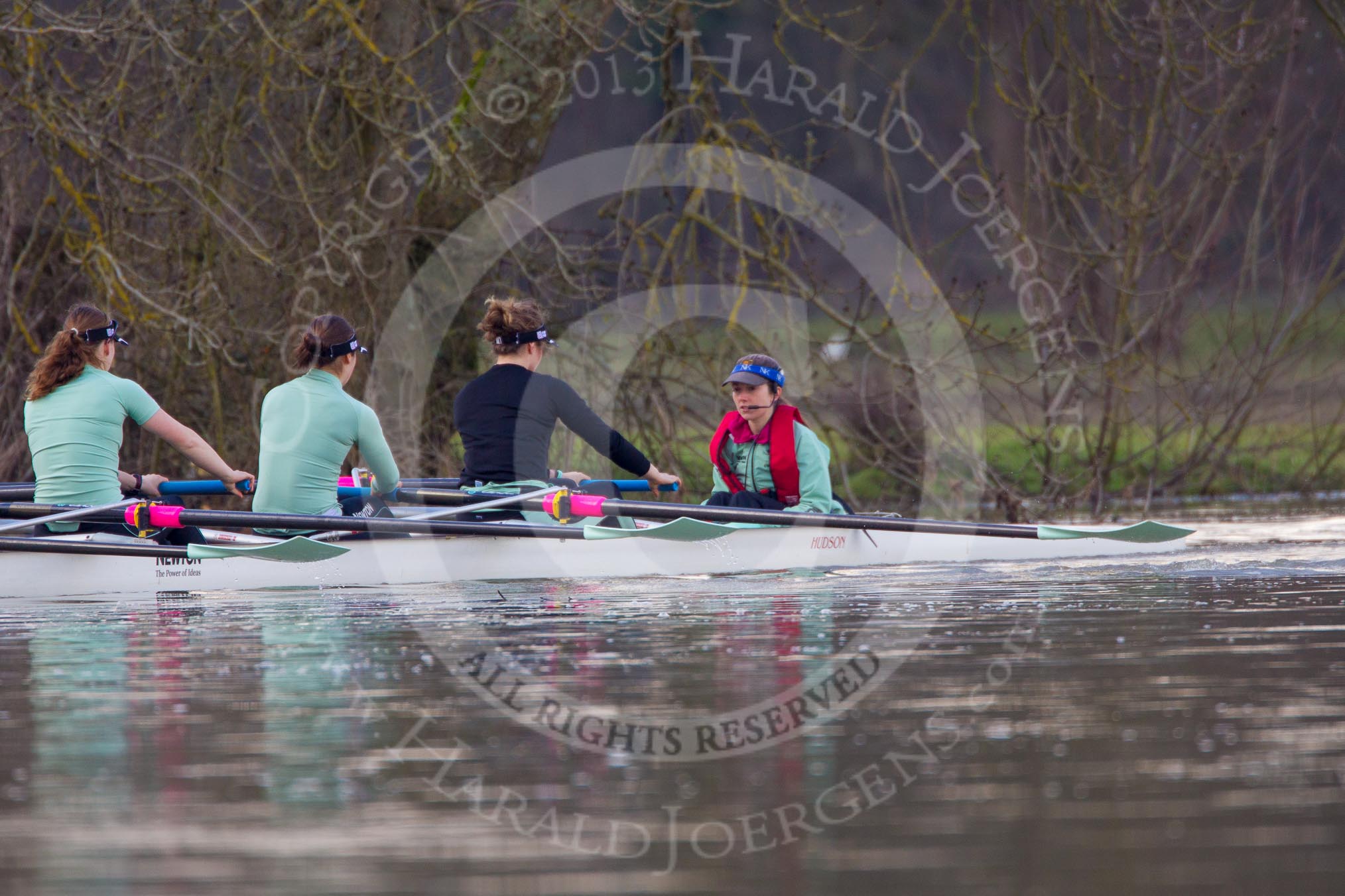 The Boat Race season 2013 - CUWBC training: The CUWBC Blue Boat on the way back from Temple Island to Henley: In the 5 seat Sara Lackner, 6 Helena Schofield, 7 Christine Seeliger, stroke Katie-Jane Whitlock, and cox Arav Gupta..
River Thames near Remenham,
Henley-on-Thames,
Oxfordshire,
United Kingdom,
on 19 March 2013 at 15:39, image #59