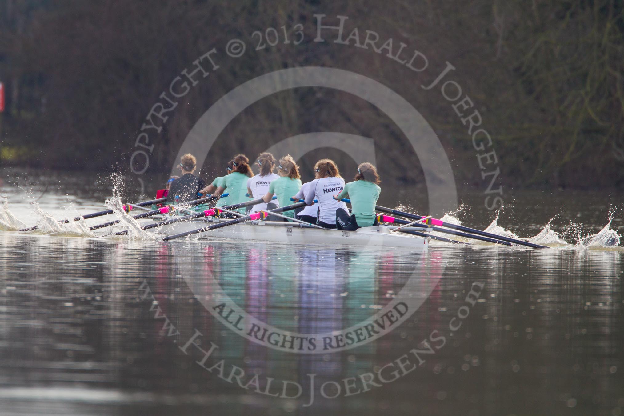 The Boat Race season 2013 - CUWBC training: The CUWBC Blue Boat racing towards Temple Island - cox Esther Momcilovic, stroke Holly Game, 7 Emily Day, 6 Claire Watkins, 5 Vicky Shaw, 4  Jessica Denman, 3 Melissa Wilson, 2 Fay Sandford, and bow Caroline Reid..
River Thames near Remenham,
Henley-on-Thames,
Oxfordshire,
United Kingdom,
on 19 March 2013 at 15:59, image #78