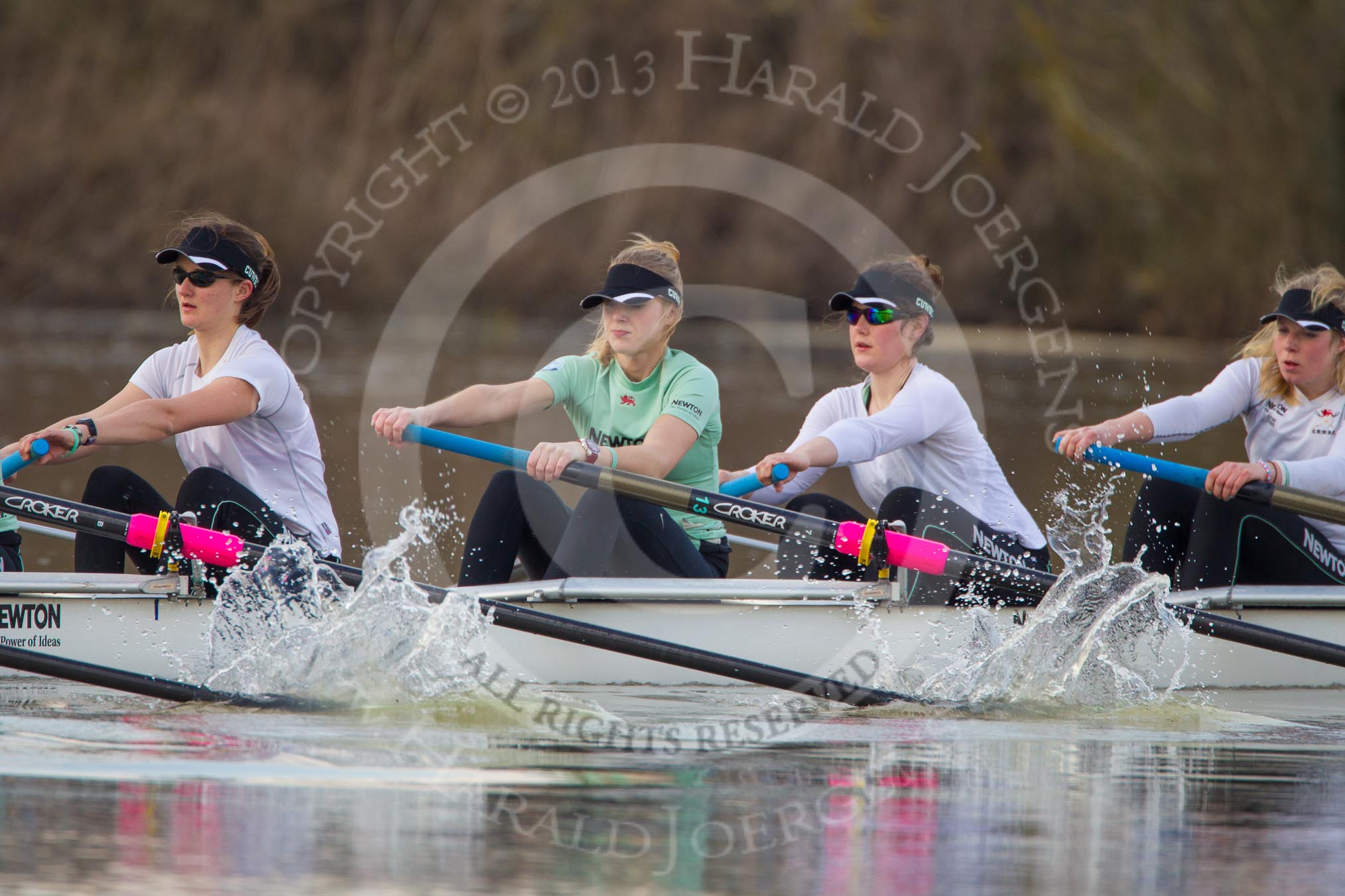 The Boat Race season 2013 - CUWBC training: In the CUWBC Blue Boat 5 seat Vicky Shaw, 4  Jessica Denman, 3 Melissa Wilsonand 2 Fay Sandford..
River Thames near Remenham,
Henley-on-Thames,
Oxfordshire,
United Kingdom,
on 19 March 2013 at 16:00, image #84