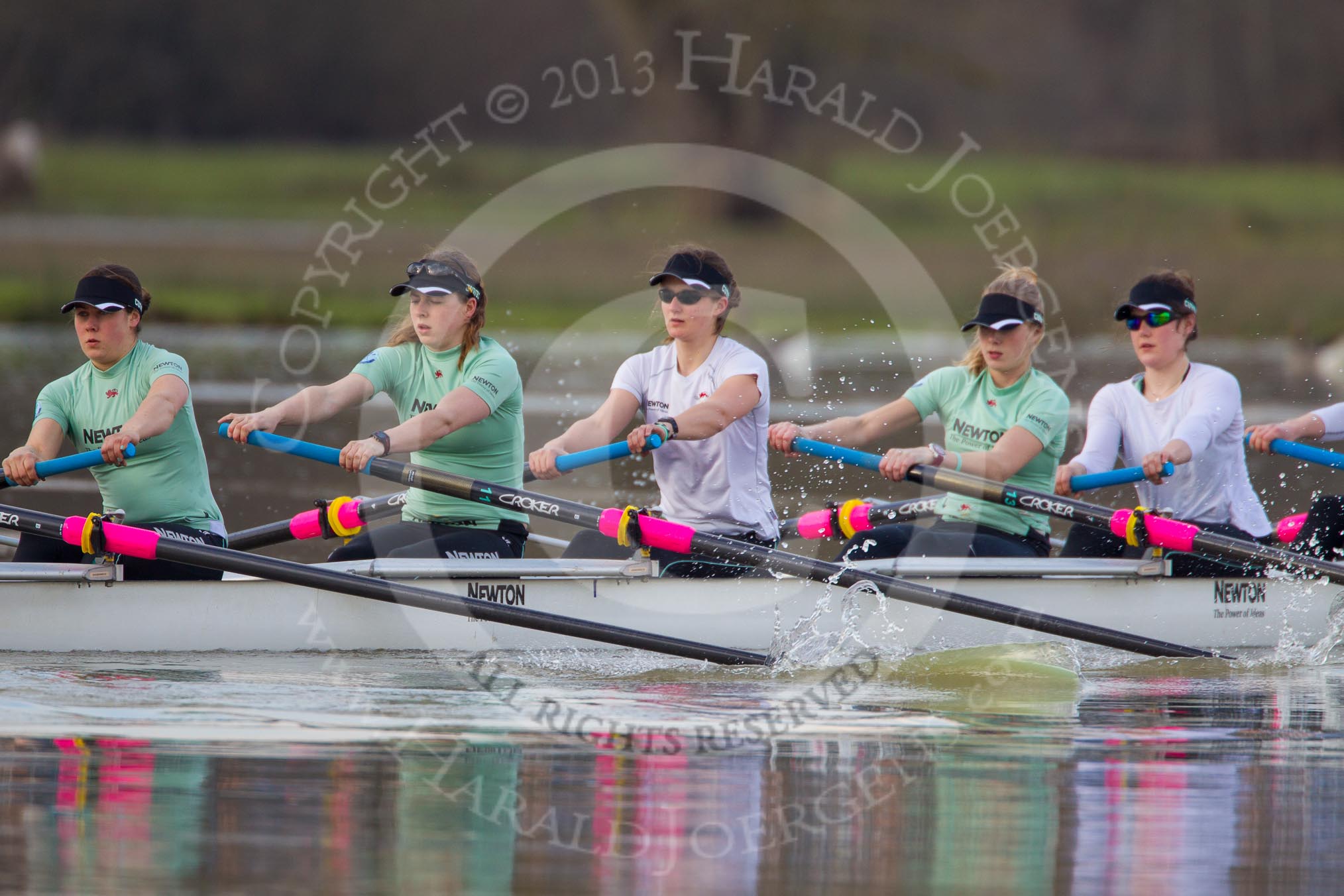 The Boat Race season 2013 - CUWBC training: In the CUWBC Blue Boat 7 seat 7 Emily Day, 6 Claire Watkins, 5 Vicky Shaw, 4  Jessica Denman and 3 Melissa Wilson..
River Thames near Remenham,
Henley-on-Thames,
Oxfordshire,
United Kingdom,
on 19 March 2013 at 16:00, image #87