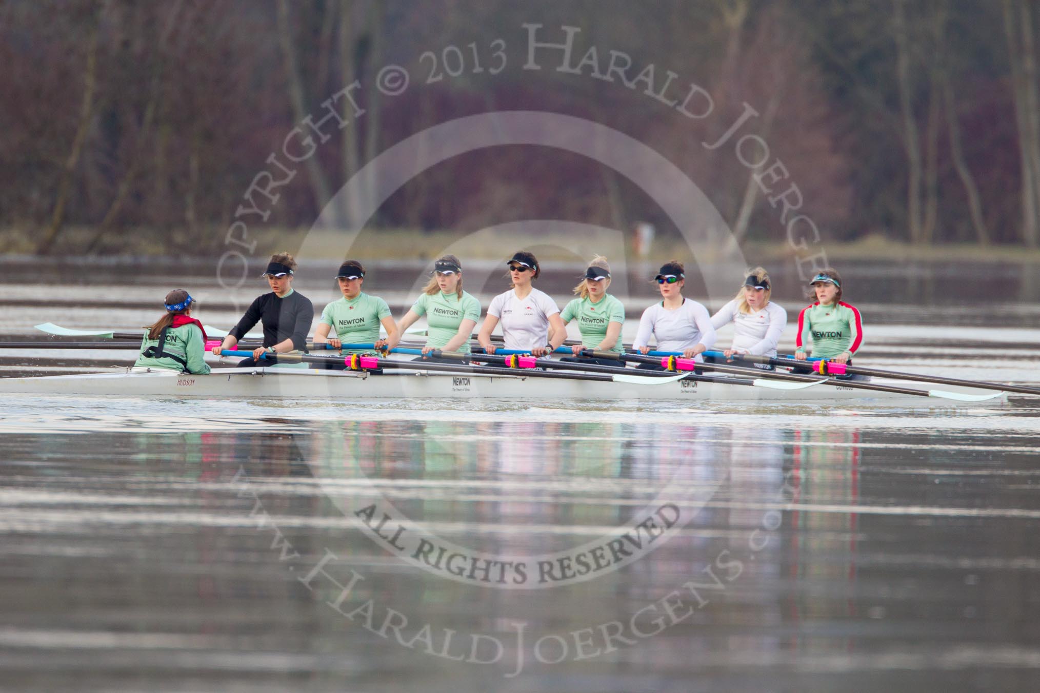 The Boat Race season 2013 - CUWBC training: In the CUWBC Blue Boat cox cox Esther Momcilovic, stroke Holly Game, 7 Emily Day, 6 Claire Watkins, 5 Vicky Shaw, 4  Jessica Denman, 3 Melissa Wilson, 2 Fay Sandford, and bow Caroline Reid..
River Thames near Remenham,
Henley-on-Thames,
Oxfordshire,
United Kingdom,
on 19 March 2013 at 16:01, image #89