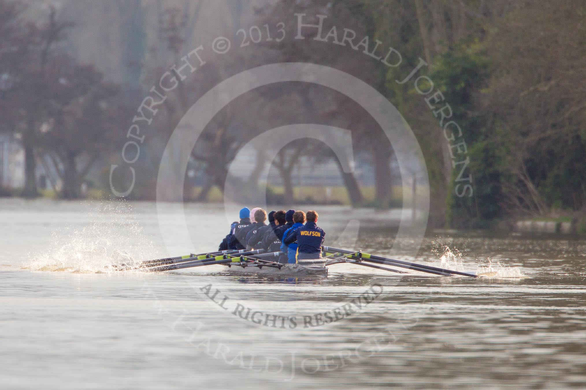 The Boat Race season 2013 - CUWBC training: The OULRC boat approaching Temple Island - cox Christian Proctor, stroke Max Dillon, 7 Andrew Sayce, 6 Benjamin Walpole, 5 Jasper Warner, 4 Frederick Foster, 3 Keir Macdonald, 2 Benjamin Bronselaer and bow James Kirkbride..
River Thames near Remenham,
Henley-on-Thames,
Oxfordshire,
United Kingdom,
on 19 March 2013 at 16:01, image #91