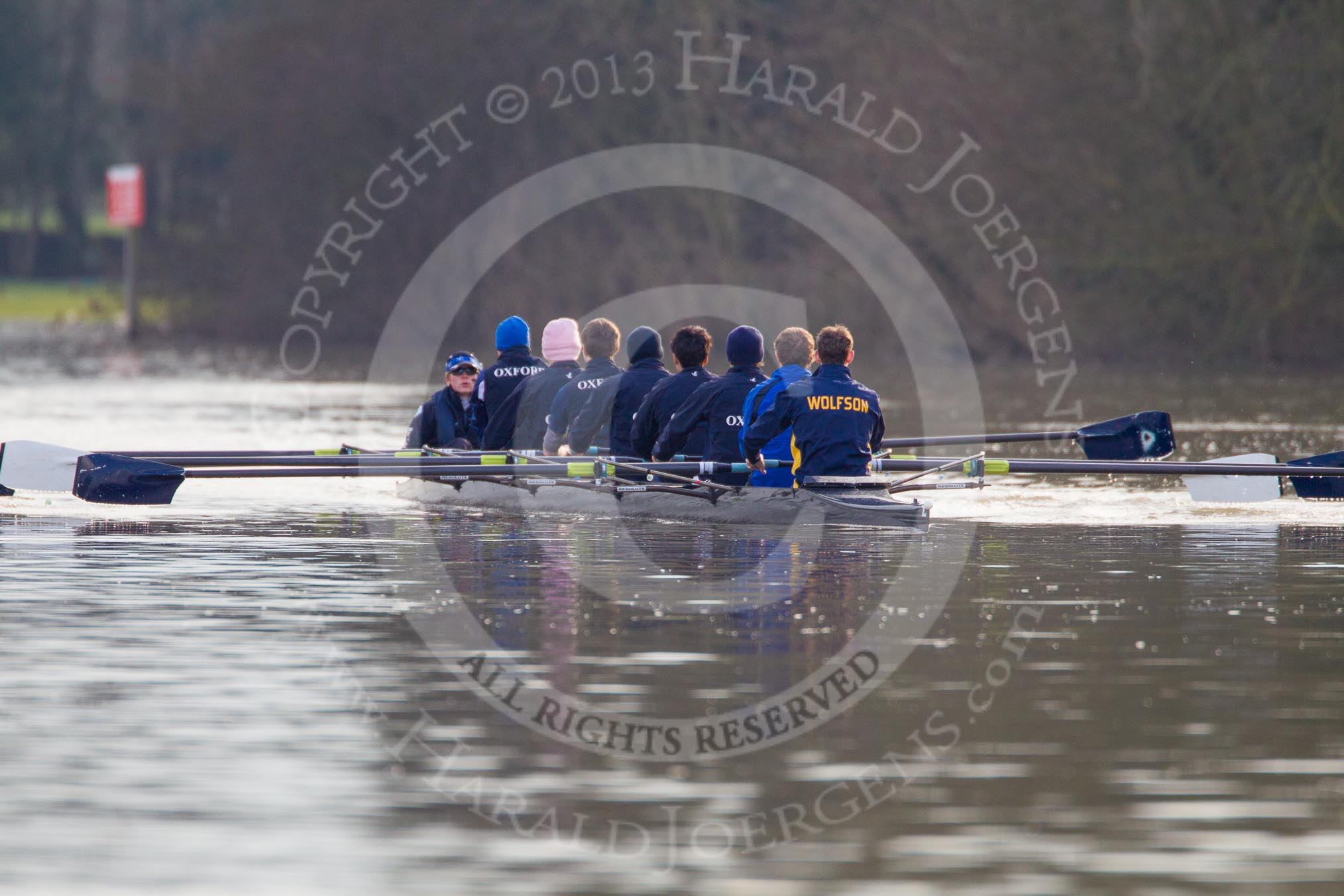 The Boat Race season 2013 - CUWBC training: The OULRC boat approaching Temple Island - cox Christian Proctor, stroke Max Dillon, 7 Andrew Sayce, 6 Benjamin Walpole, 5 Jasper Warner, 4 Frederick Foster, 3 Keir Macdonald, 2 Benjamin Bronselaer and bow James Kirkbride..
River Thames near Remenham,
Henley-on-Thames,
Oxfordshire,
United Kingdom,
on 19 March 2013 at 16:02, image #93