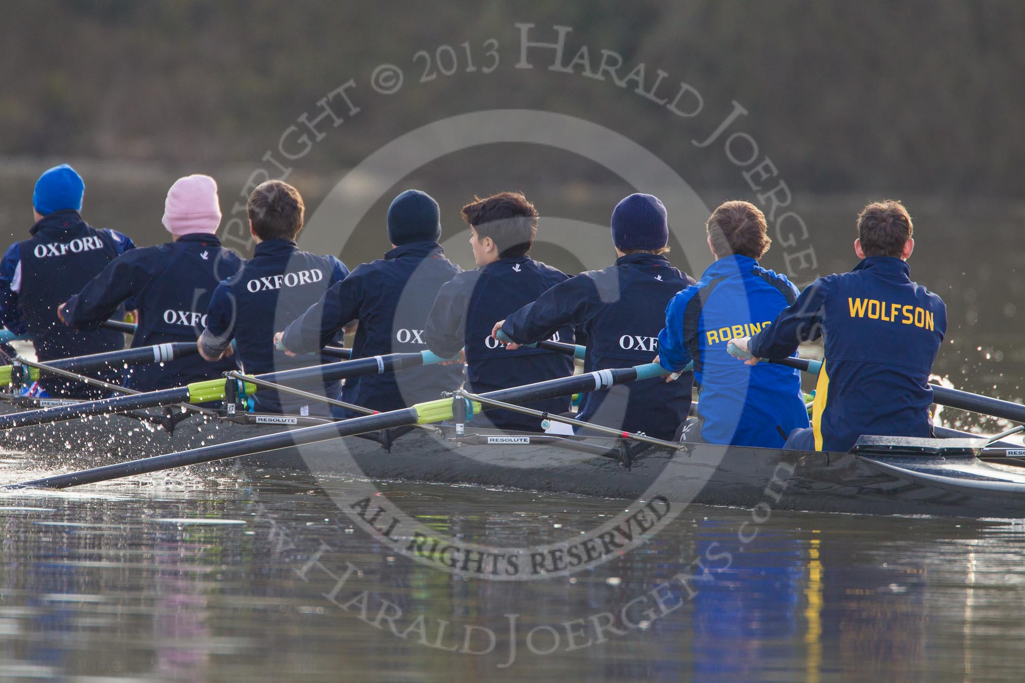 The Boat Race season 2013 - CUWBC training: The OULRC boat approaching Temple Island -stroke Max Dillon, 7 Andrew Sayce, 6 Benjamin Walpole, 5 Jasper Warner, 4 Frederick Foster, 3 Keir Macdonald, 2 Benjamin Bronselaer and bow James Kirkbride..
River Thames near Remenham,
Henley-on-Thames,
Oxfordshire,
United Kingdom,
on 19 March 2013 at 16:02, image #94