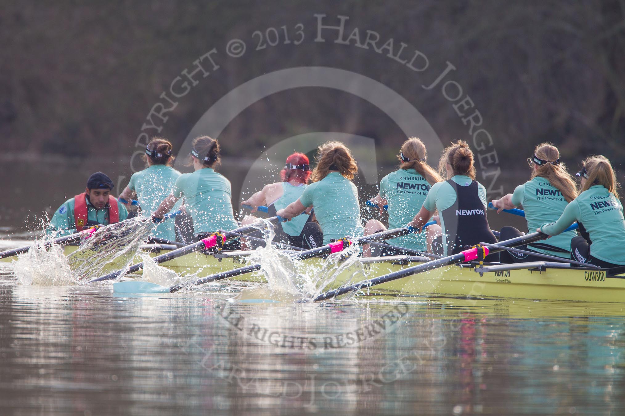 The Boat Race season 2013 - CUWBC training: The CUWBC reserve boat Blondie coming from Henley for their second training loop - cox Arav Gupta, stroke Katie-Jane Whitlock, 7 Christine Seeliger, 6 Helena Schofield, 5 Sara Lackner, 4 Lucy Griffin, 3 Rachel Boyd, 2 Ania Slotala, and bow Clare Hall..
River Thames near Remenham,
Henley-on-Thames,
Oxfordshire,
United Kingdom,
on 19 March 2013 at 16:06, image #111