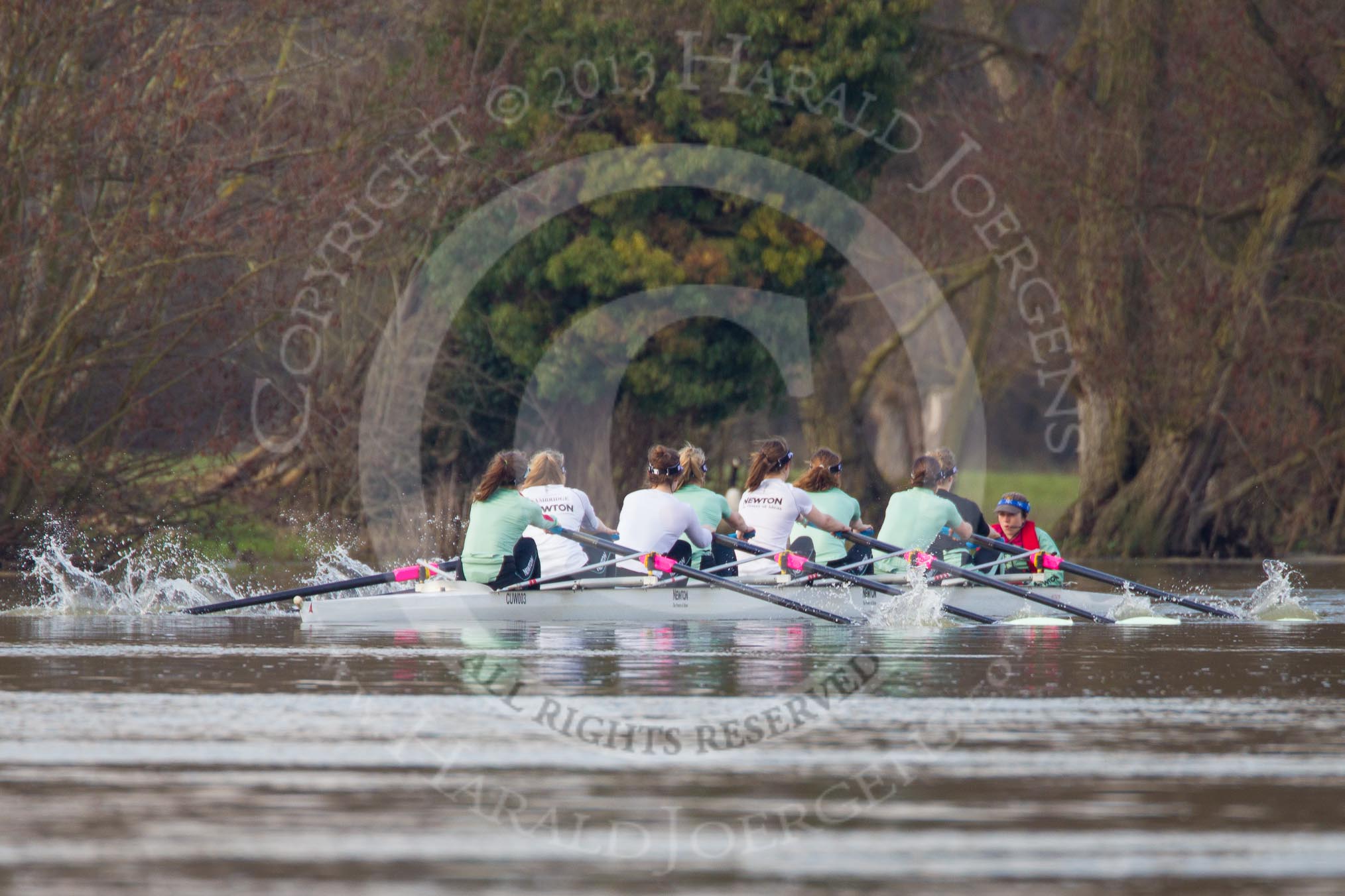 The Boat Race season 2013 - CUWBC training: The CUWBC Blue Boat returning from a loop around Temple Island - bow Caroline Reid, 2 Fay Sandford, 3 Melissa Wilson, 4  Jessica Denman, 5 Vicky Shaw, 6 Claire Watkins, 7 Emily Day, stroke Holly Game, and cox Esther Momcilovic..
River Thames near Remenham,
Henley-on-Thames,
Oxfordshire,
United Kingdom,
on 19 March 2013 at 16:07, image #112