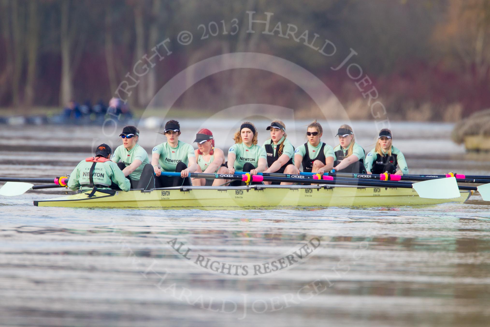 The Boat Race season 2013 - CUWBC training: The CUWBC reserve boat Blondie - cox Arav Gupta, stroke Katie-Jane Whitlock, 7 Christine Seeliger, 6 Helena Schofield, 5 Sara Lackner, 4 Lucy Griffin, 3 Rachel Boyd, 2 Ania Slotala, and bow Clare Hall..
River Thames near Remenham,
Henley-on-Thames,
Oxfordshire,
United Kingdom,
on 19 March 2013 at 16:07, image #120