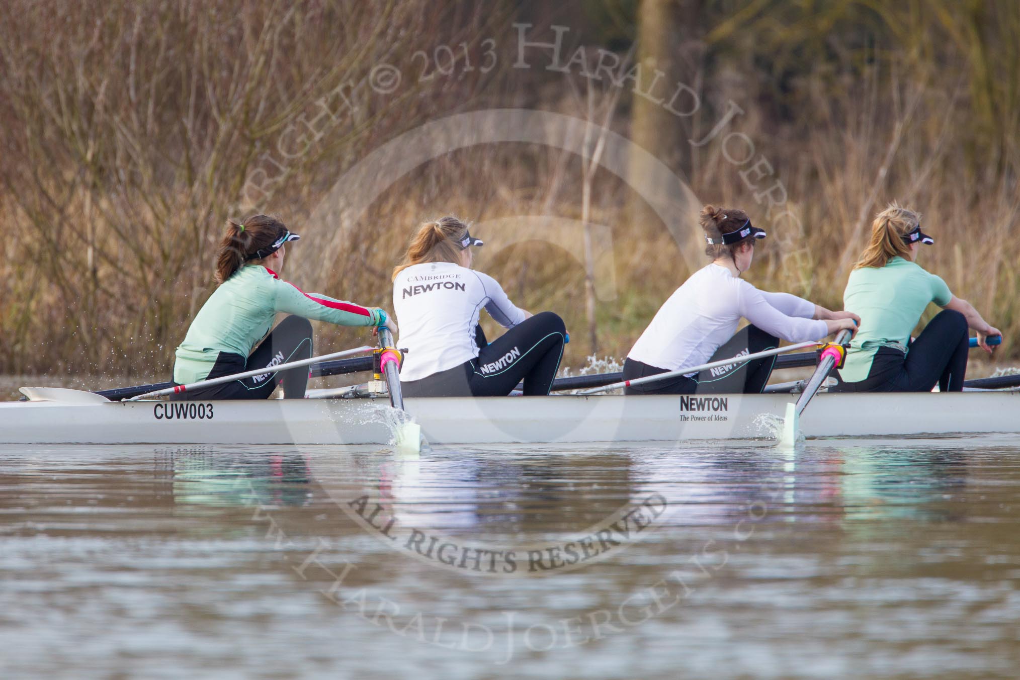 The Boat Race season 2013 - CUWBC training: The CUWBC Blue Boat at race pace - bow Caroline Reid, 2 Fay Sandford, 3 Melissa Wilson and 4 Jessica Denman..
River Thames near Remenham,
Henley-on-Thames,
Oxfordshire,
United Kingdom,
on 19 March 2013 at 16:07, image #121