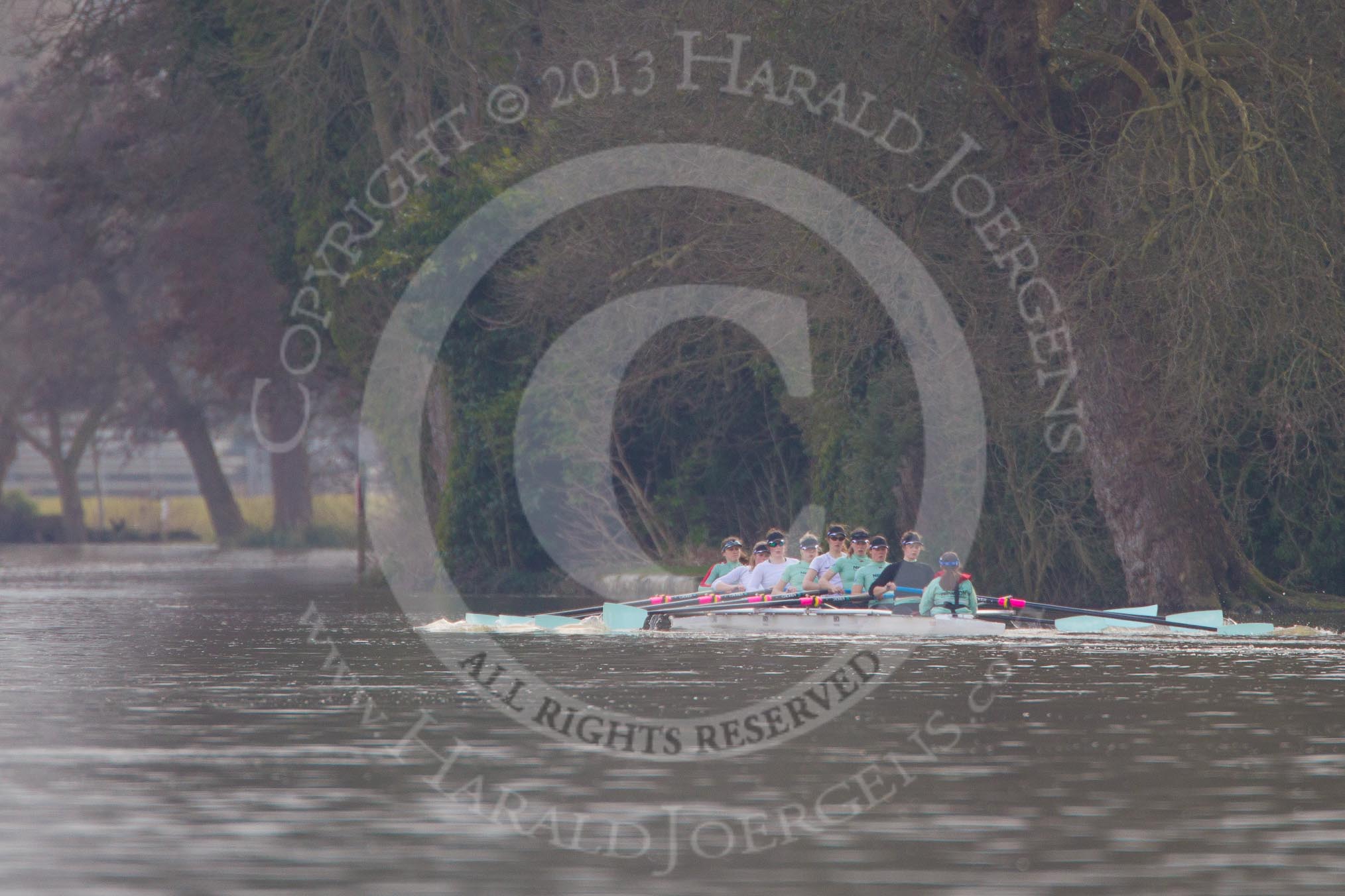 The Boat Race season 2013 - CUWBC training: The CUWBC Blue Boat - bow Caroline Reid, 2 Fay Sandford, 3 Melissa Wilson, 4  Jessica Denman, 5 Vicky Shaw, 6 Claire Watkins, 7 Emily Day, stroke Holly Game, and cox Esther Momcilovic..
River Thames near Remenham,
Henley-on-Thames,
Oxfordshire,
United Kingdom,
on 19 March 2013 at 16:10, image #127