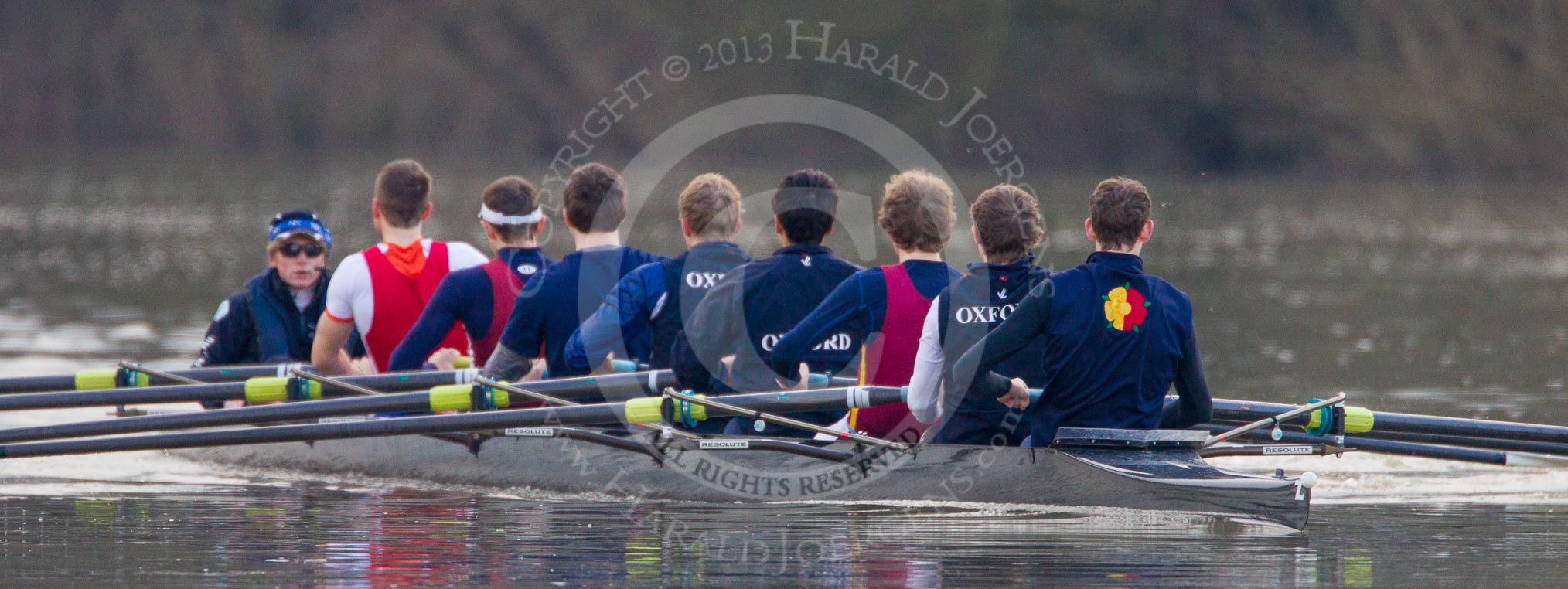 The Boat Race season 2013 - CUWBC training: The OULRC boat - cox Christian Proctor, stroke Max Dillon, 7 Andrew Sayce, 6 Benjamin Walpole, 5 Jasper Warner, 4 Frederick Foster, 3 Keir Macdonald, 2 Benjamin Bronselaer and bow James Kirkbride..
River Thames near Remenham,
Henley-on-Thames,
Oxfordshire,
United Kingdom,
on 19 March 2013 at 16:29, image #135