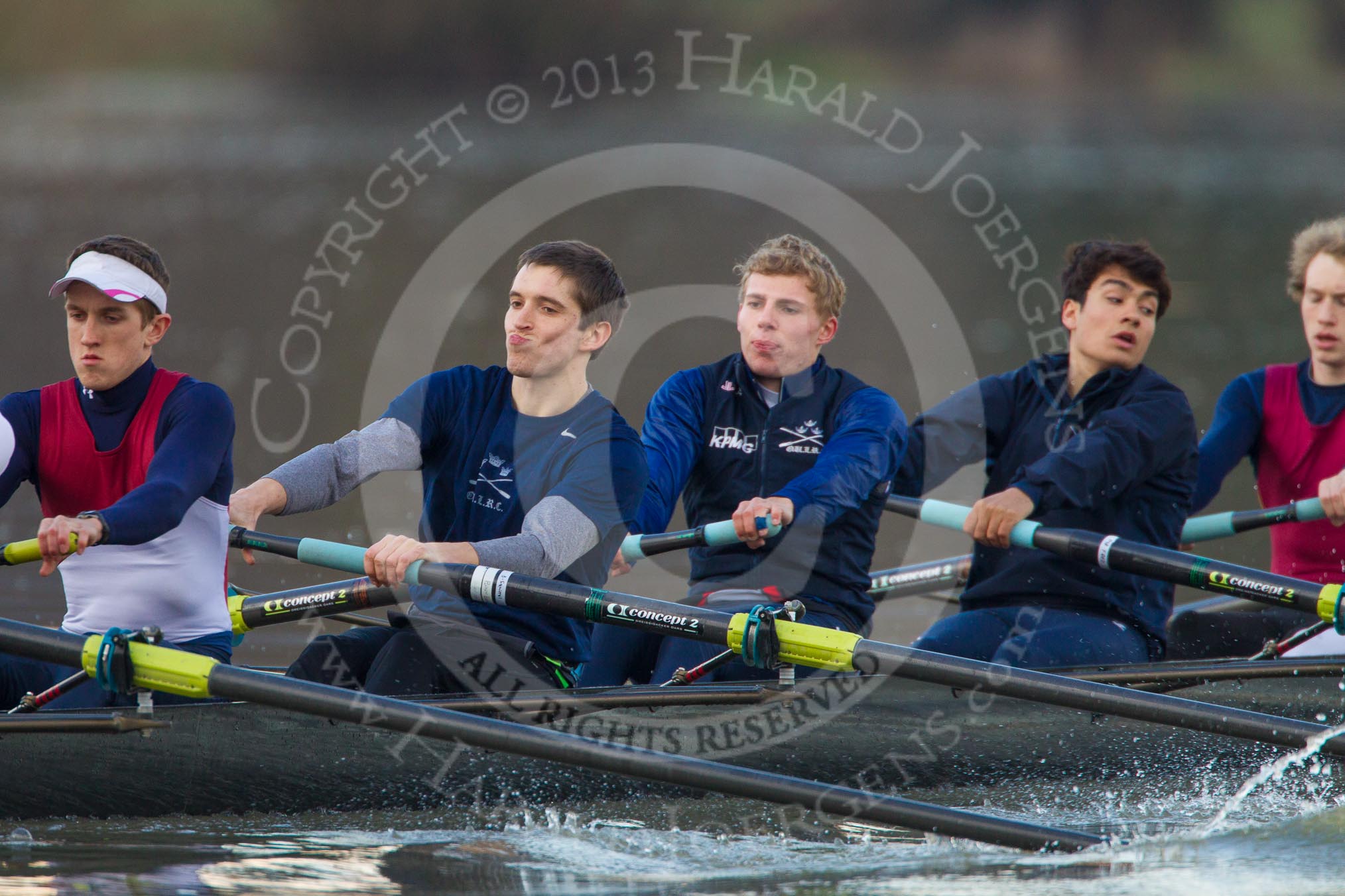 The Boat Race season 2013 - CUWBC training: The OULRC boat - 7 seat Andrew Sayce, 6 Benjamin Walpole, 5 Jasper Warner, 4 Frederick Foster and 3 Keir Macdonald..
River Thames near Remenham,
Henley-on-Thames,
Oxfordshire,
United Kingdom,
on 19 March 2013 at 16:29, image #139