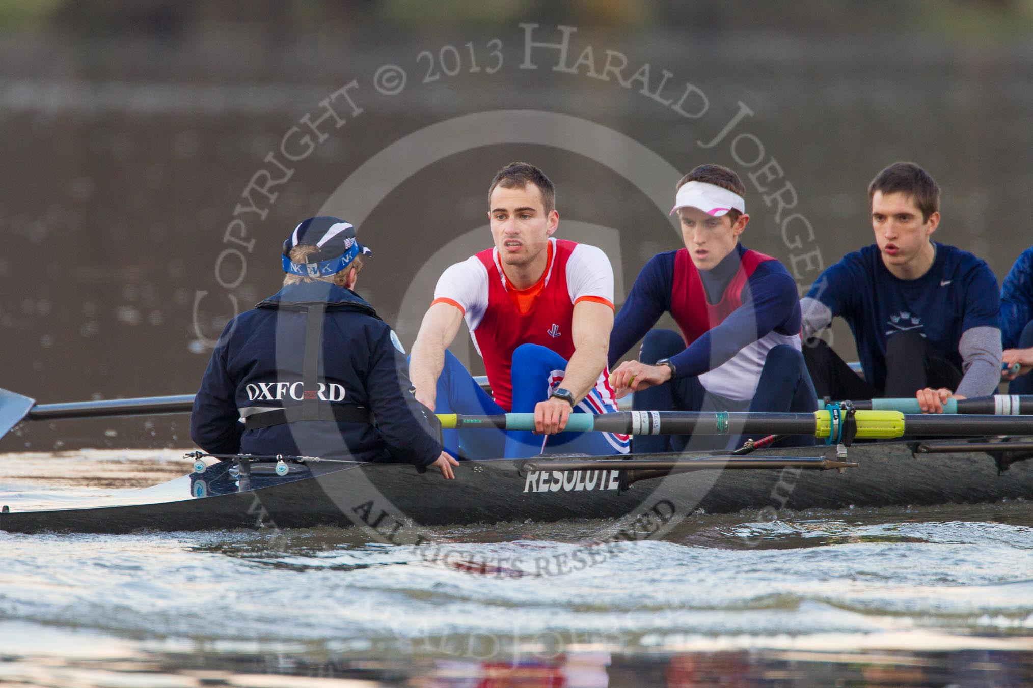 The Boat Race season 2013 - CUWBC training: The OULRC boat - cox Christian Proctor, stroke Max Dillon, 7 Andrew Sayce and 6 Benjamin Walpole..
River Thames near Remenham,
Henley-on-Thames,
Oxfordshire,
United Kingdom,
on 19 March 2013 at 16:29, image #141