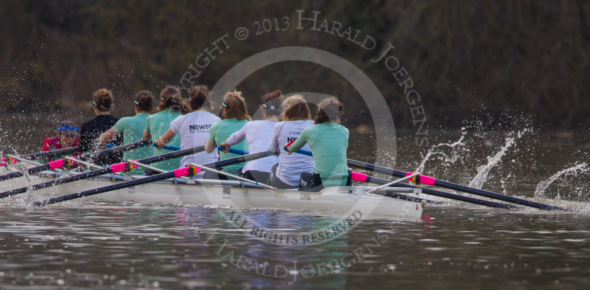 The Boat Race season 2013 - CUWBC training: The CUWBC Blue Boat during the last training unit of the day - cox Esther Momcilovic, stroke Holly Game, 7 Emily Day, 6 Claire Watkins, 5 Vicky Shaw, 4  Jessica Denman, 3 Melissa Wilson, 2 Fay Sandford, and bow Caroline Reid..
River Thames near Remenham,
Henley-on-Thames,
Oxfordshire,
United Kingdom,
on 19 March 2013 at 16:30, image #142