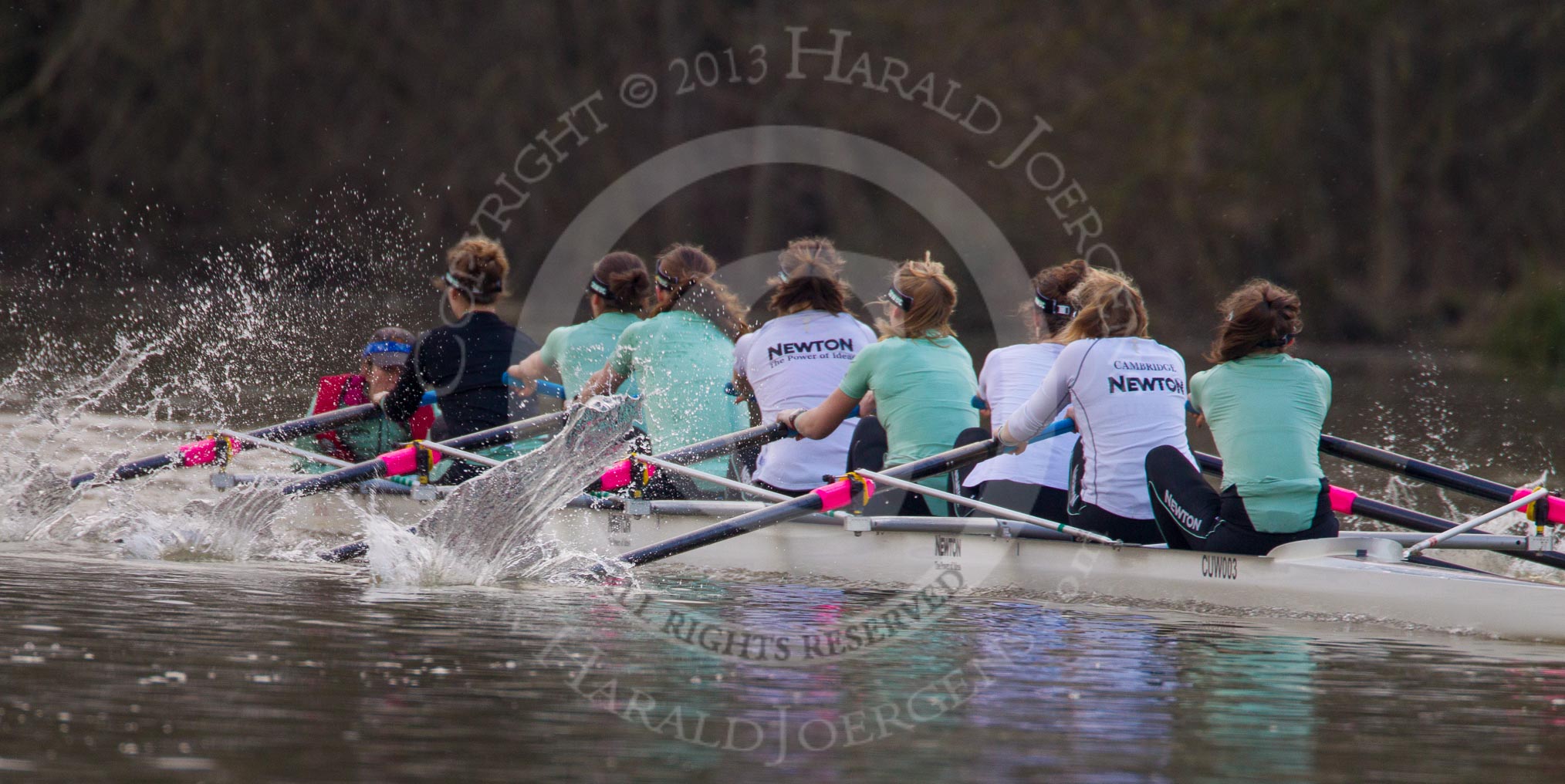 The Boat Race season 2013 - CUWBC training: The CUWBC Blue Boat during the last training unit of the day - cox Esther Momcilovic, stroke Holly Game, 7 Emily Day, 6 Claire Watkins, 5 Vicky Shaw, 4  Jessica Denman, 3 Melissa Wilson, 2 Fay Sandford, and bow Caroline Reid..
River Thames near Remenham,
Henley-on-Thames,
Oxfordshire,
United Kingdom,
on 19 March 2013 at 16:30, image #143