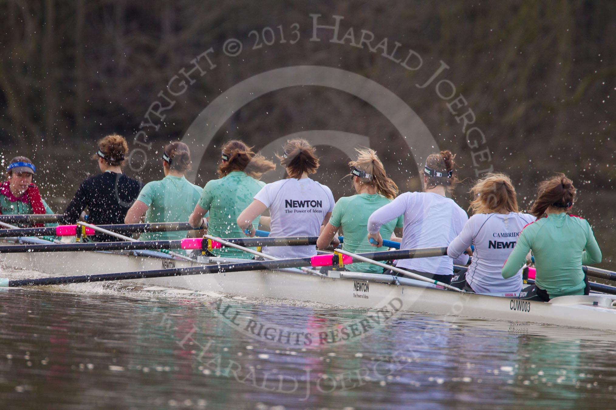 The Boat Race season 2013 - CUWBC training: The CUWBC Blue Boat during the last training unit of the day - cox Esther Momcilovic, stroke Holly Game, 7 Emily Day, 6 Claire Watkins, 5 Vicky Shaw, 4  Jessica Denman, 3 Melissa Wilson, 2 Fay Sandford, and bow Caroline Reid..
River Thames near Remenham,
Henley-on-Thames,
Oxfordshire,
United Kingdom,
on 19 March 2013 at 16:30, image #144