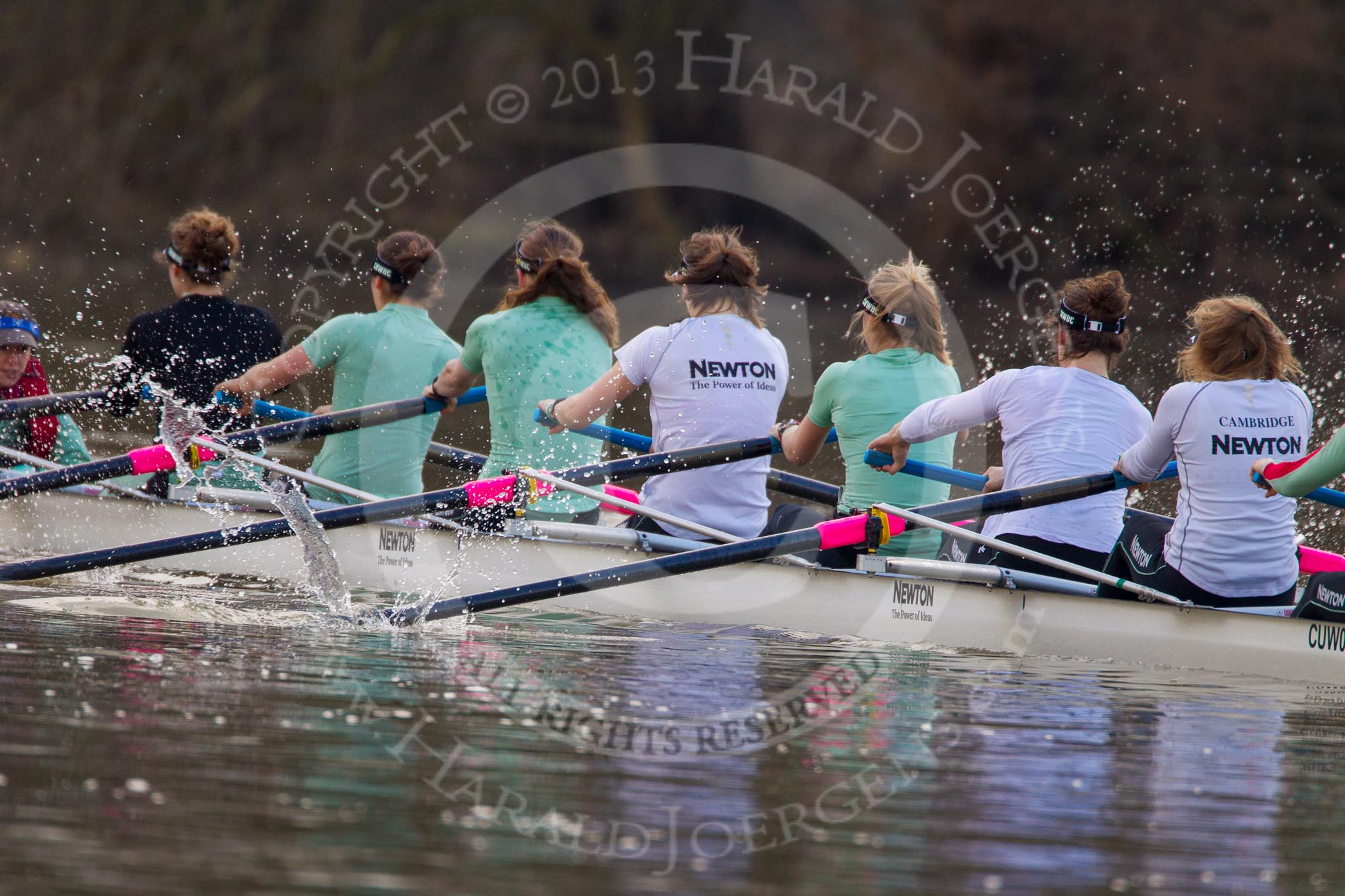 The Boat Race season 2013 - CUWBC training: The CUWBC Blue Boat during the last training unit of the day - cox Esther Momcilovic, stroke Holly Game, 7 Emily Day, 6 Claire Watkins, 5 Vicky Shaw, 4  Jessica Denman, 3 Melissa Wilson, 2 Fay Sandford, and bow Caroline Reid..
River Thames near Remenham,
Henley-on-Thames,
Oxfordshire,
United Kingdom,
on 19 March 2013 at 16:30, image #145