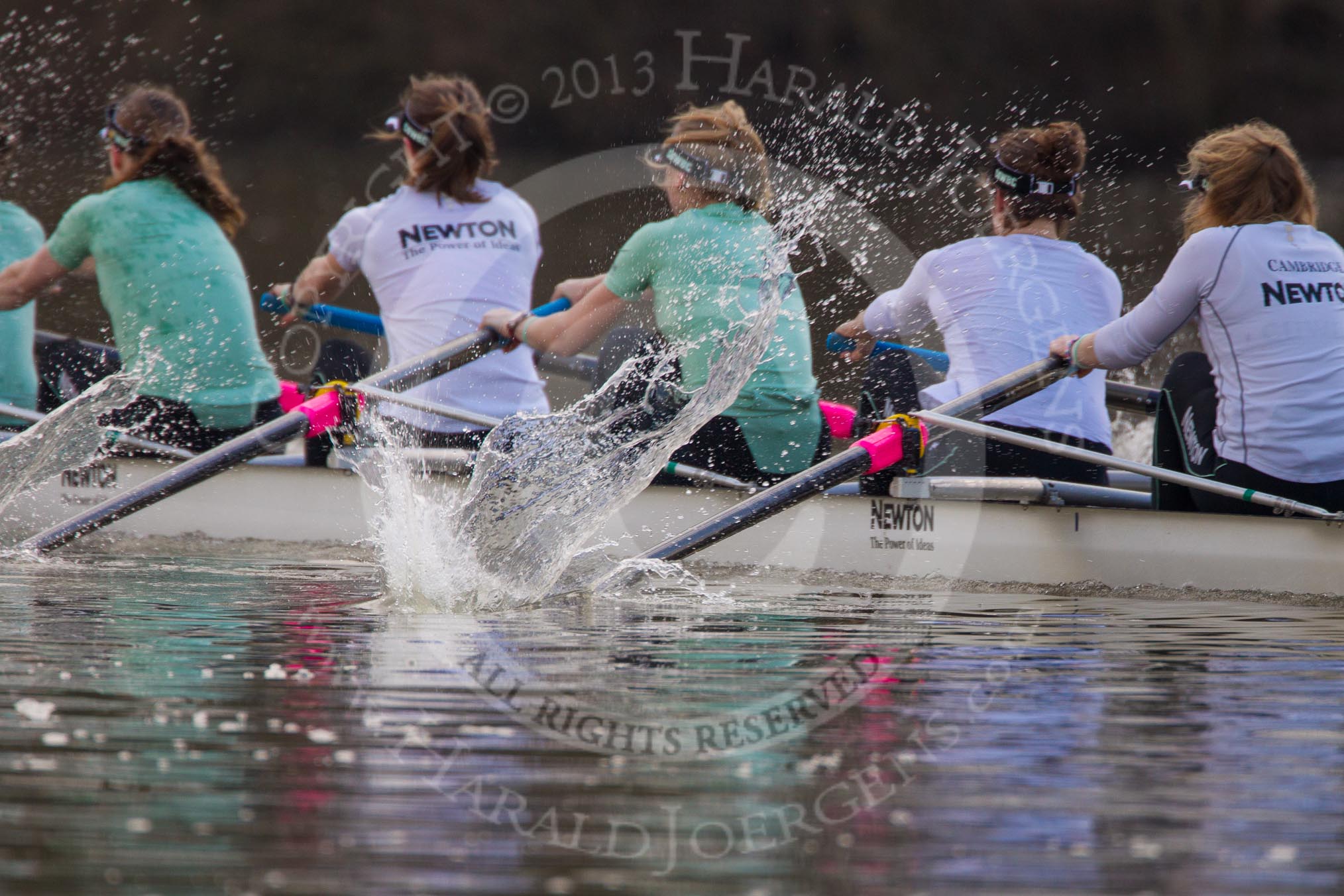 The Boat Race season 2013 - CUWBC training: The CUWBC Blue Boat during the last training unit of the day - cox Esther Momcilovic, stroke Holly Game, 7 Emily Day, 6 Claire Watkins, 5 Vicky Shaw, 4  Jessica Denman, 3 Melissa Wilson, 2 Fay Sandford, and bow Caroline Reid..
River Thames near Remenham,
Henley-on-Thames,
Oxfordshire,
United Kingdom,
on 19 March 2013 at 16:30, image #146