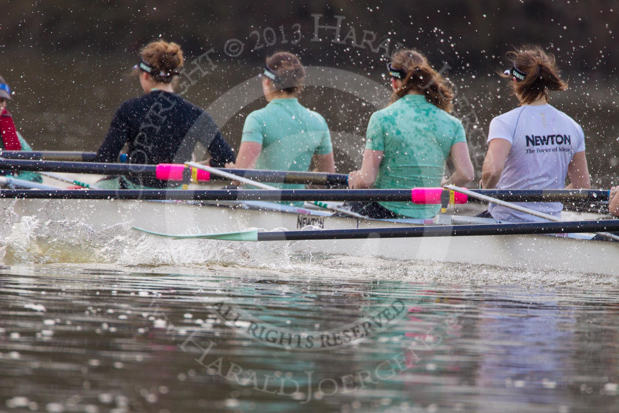 The Boat Race season 2013 - CUWBC training: The CUWBC Blue Boat during the last training unit of the day - cox Esther Momcilovic, stroke Holly Game, 7 Emily Day, 6 Claire Watkins, 5 Vicky Shaw, 4  Jessica Denman, 3 Melissa Wilson, 2 Fay Sandford, and bow Caroline Reid..
River Thames near Remenham,
Henley-on-Thames,
Oxfordshire,
United Kingdom,
on 19 March 2013 at 16:30, image #147