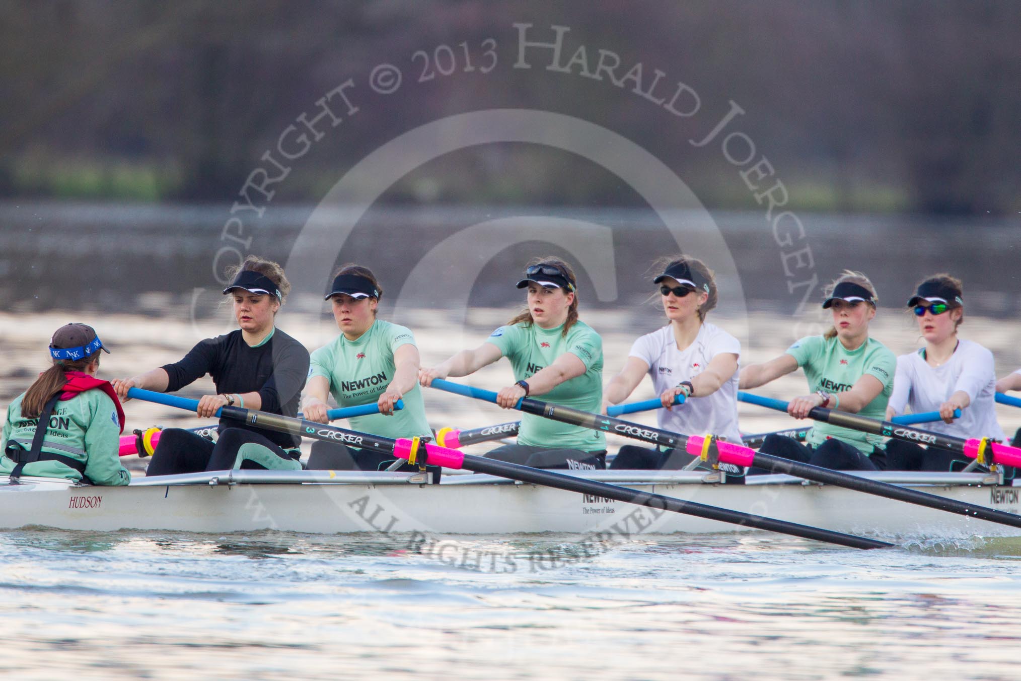 The Boat Race season 2013 - CUWBC training: The CUWBC Blue Boat - 7cox Esther Momcilovic, stroke Holly Game, 7 Emily Day, 6 Claire Watkins, 5 Vicky Shaw, 4  Jessica Denman, 3 Melissa Wilson, 2 Fay Sandford, and bow Caroline Reid..
River Thames near Remenham,
Henley-on-Thames,
Oxfordshire,
United Kingdom,
on 19 March 2013 at 16:31, image #157