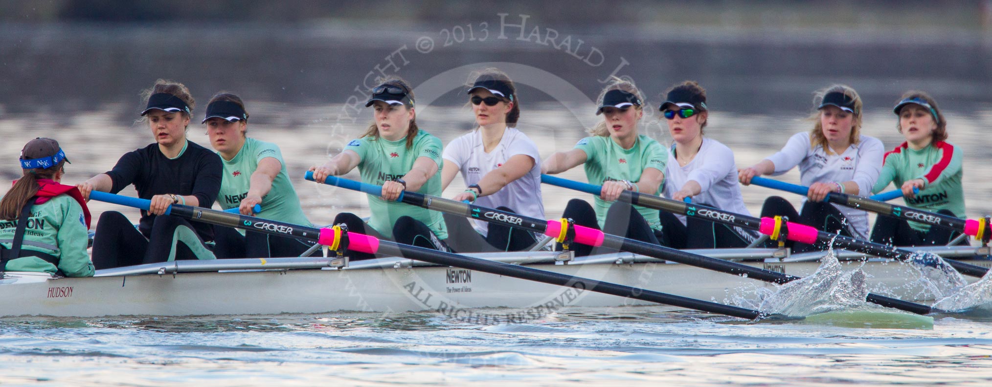 The Boat Race season 2013 - CUWBC training: The CUWBC Blue Boat - 7cox Esther Momcilovic, stroke Holly Game, 7 Emily Day, 6 Claire Watkins, 5 Vicky Shaw, 4  Jessica Denman, 3 Melissa Wilson, 2 Fay Sandford, and bow Caroline Reid..
River Thames near Remenham,
Henley-on-Thames,
Oxfordshire,
United Kingdom,
on 19 March 2013 at 16:31, image #158