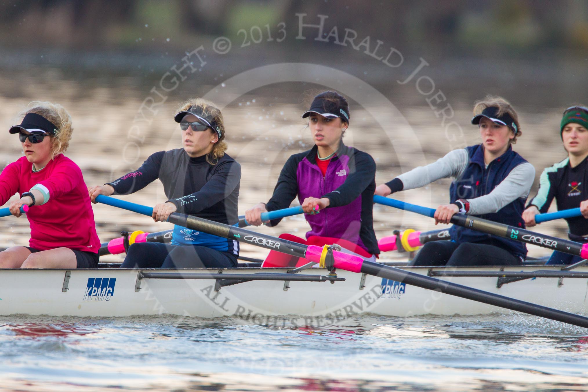 The Boat Race season 2013 - CUWBC training: The CUWBC Lightweights - stroke Lottie Meggitt, 7 seat Jilly Tovey, 6 Martina Lagatierra-Wellington, 5 Diane Esson and 4 Lenka Veselovska..
River Thames near Remenham,
Henley-on-Thames,
Oxfordshire,
United Kingdom,
on 19 March 2013 at 16:32, image #167