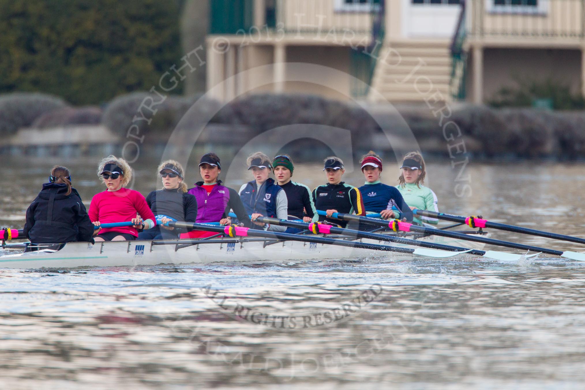 The Boat Race season 2013 - CUWBC training: The CUWBC Lightweights boat in front of Temple Island - cox Brielle Stark, stroke Lottie Meggitt, 7 Jilly Tovey, 6 Martina Lagatierra-Wellington, 5 Diane Esson, 4 Lenka Veselovska, 3 Alexandra Kamins, 2 Alex Courage and bow Marina Steketee..
River Thames near Remenham,
Henley-on-Thames,
Oxfordshire,
United Kingdom,
on 19 March 2013 at 16:32, image #170