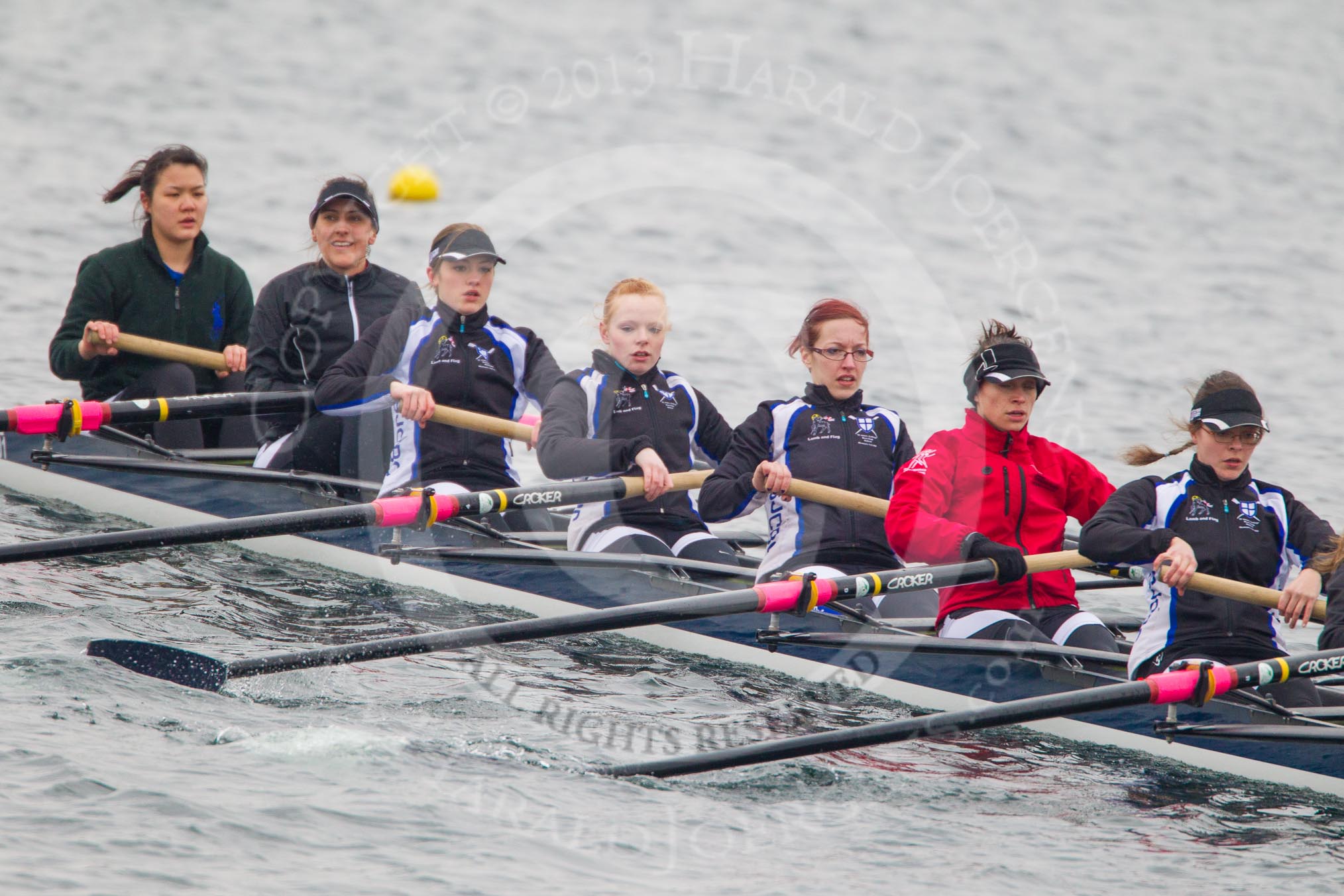 Intercollegiate Women's Race 2013: St John's College, Oxford, with Pirada Trongwongsa at bow, 2 Carly de Jonge, 3 Saskia Greenhalgh, 4 Samantha Rawlinson, 5 Hazel Shepherd, 6 Melissa Bailey, 7 Emma Lowe, stroke Hannah Evans and cox XYZ.