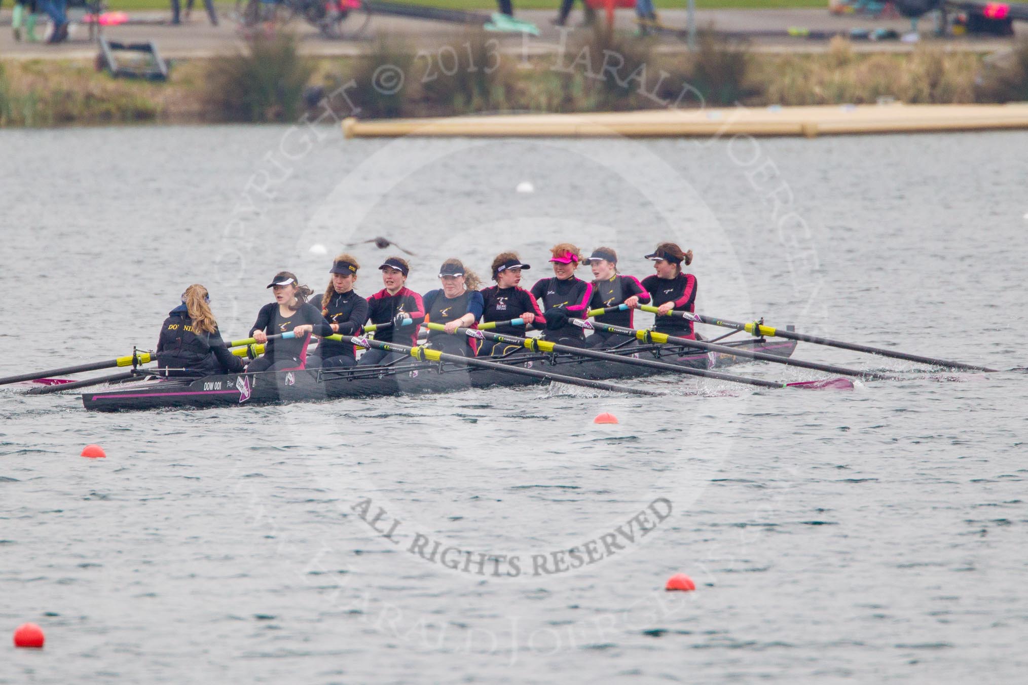 Intercollegiate Women's Race 2013: Downing College, Cambridge, with cox Ruth Wood, stroke Jennifer Joule, 7 Laura-Jane Taylor, 6 Abi Dunn, 5 Josie Hughes, 4 Bridey Addison-Child, 3 Zara Goozee, 2 Philippa Buckley and Katia Smith at bow.