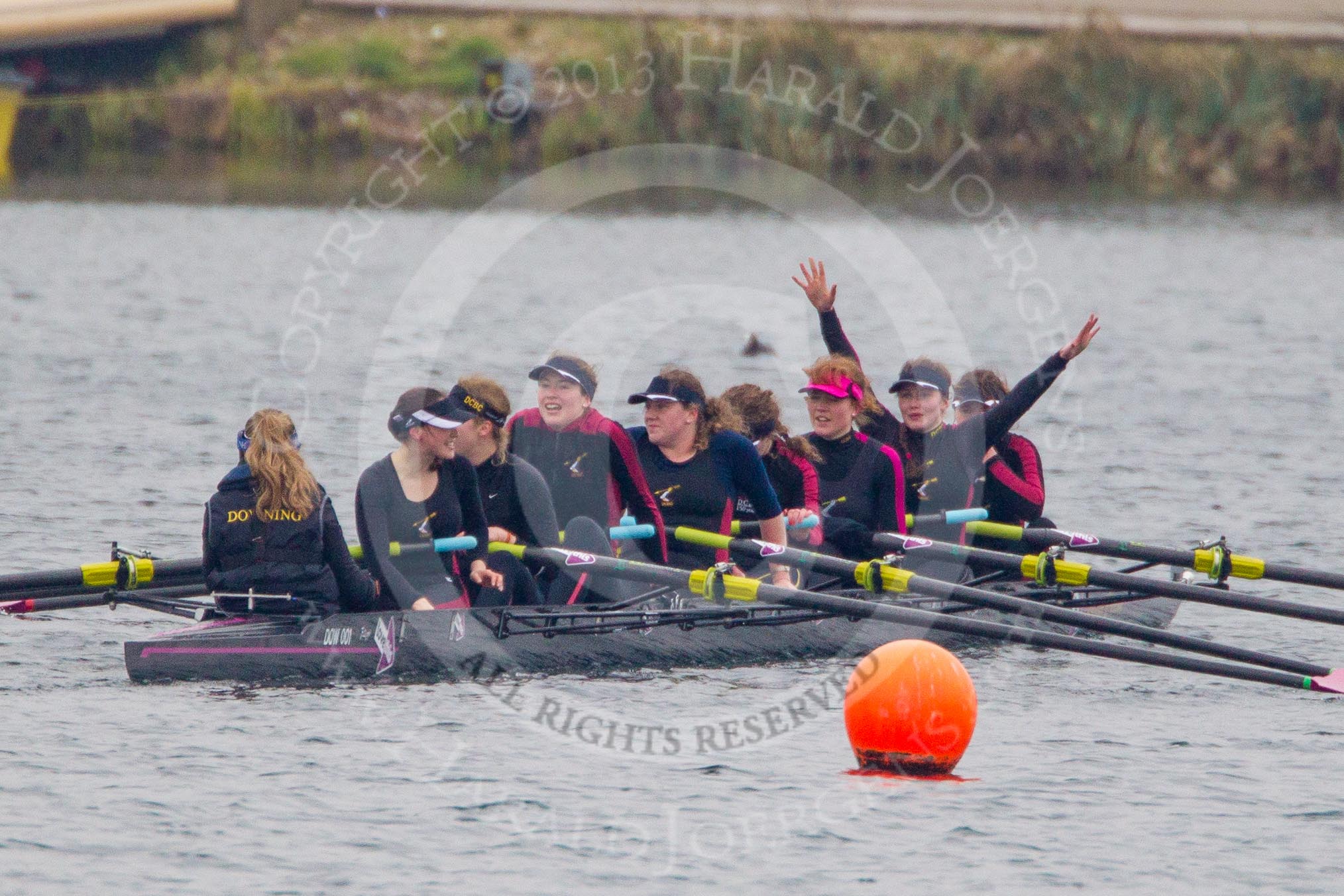 Intercollegiate Women's Race 2013: Downing College, Cambridge, with cox Ruth Wood, stroke Jennifer Joule, 7 Laura-Jane Taylor, 6 Abi Dunn, 5 Josie Hughes, 4 Bridey Addison-Child, 3 Zara Goozee, 2 Philippa Buckley and Katia Smith at bow.