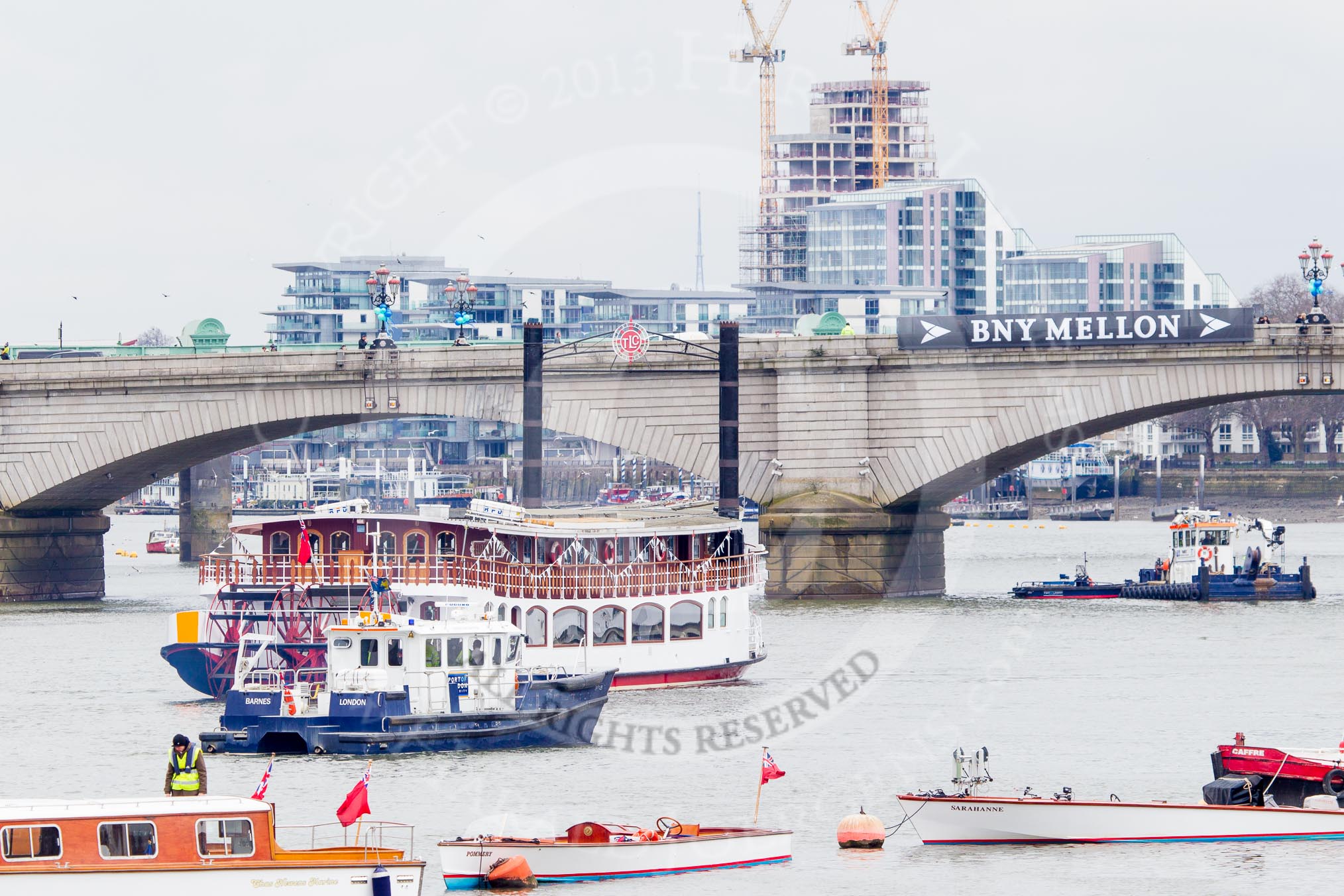 The Boat Race 2013: Putney Bridge, seen from Putney Embankment, hours before the start of the 2013 Boat Race. The river has been closed by the Port of London Authority (PLA)..
Putney,
London SW15,

United Kingdom,
on 31 March 2013 at 13:43, image #64