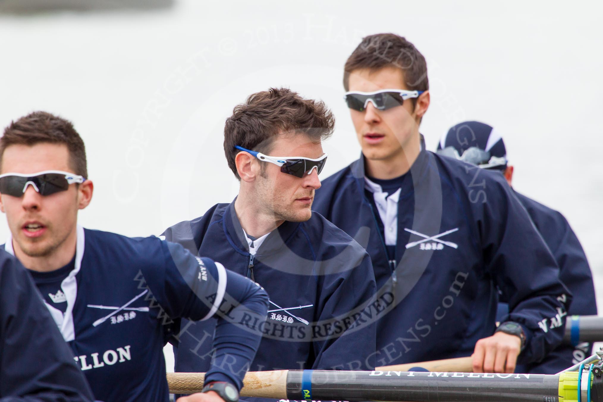The Boat Race 2013: The crew of the Oxford reserve boat Isis getting ready for the Isis/Goldie race, here 4 seat William Zeng, 3 Dr Alexander Woods, 2 Nicholas Hazell, and at bow Iain Mandale..
Putney,
London SW15,

United Kingdom,
on 31 March 2013 at 15:16, image #118